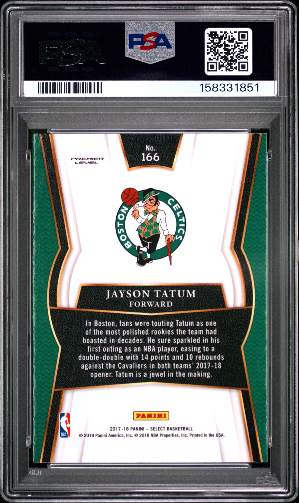 2017 Panini Select Jayson Tatum #166 Gem Mt 10 back view - PSA certificate #158331851