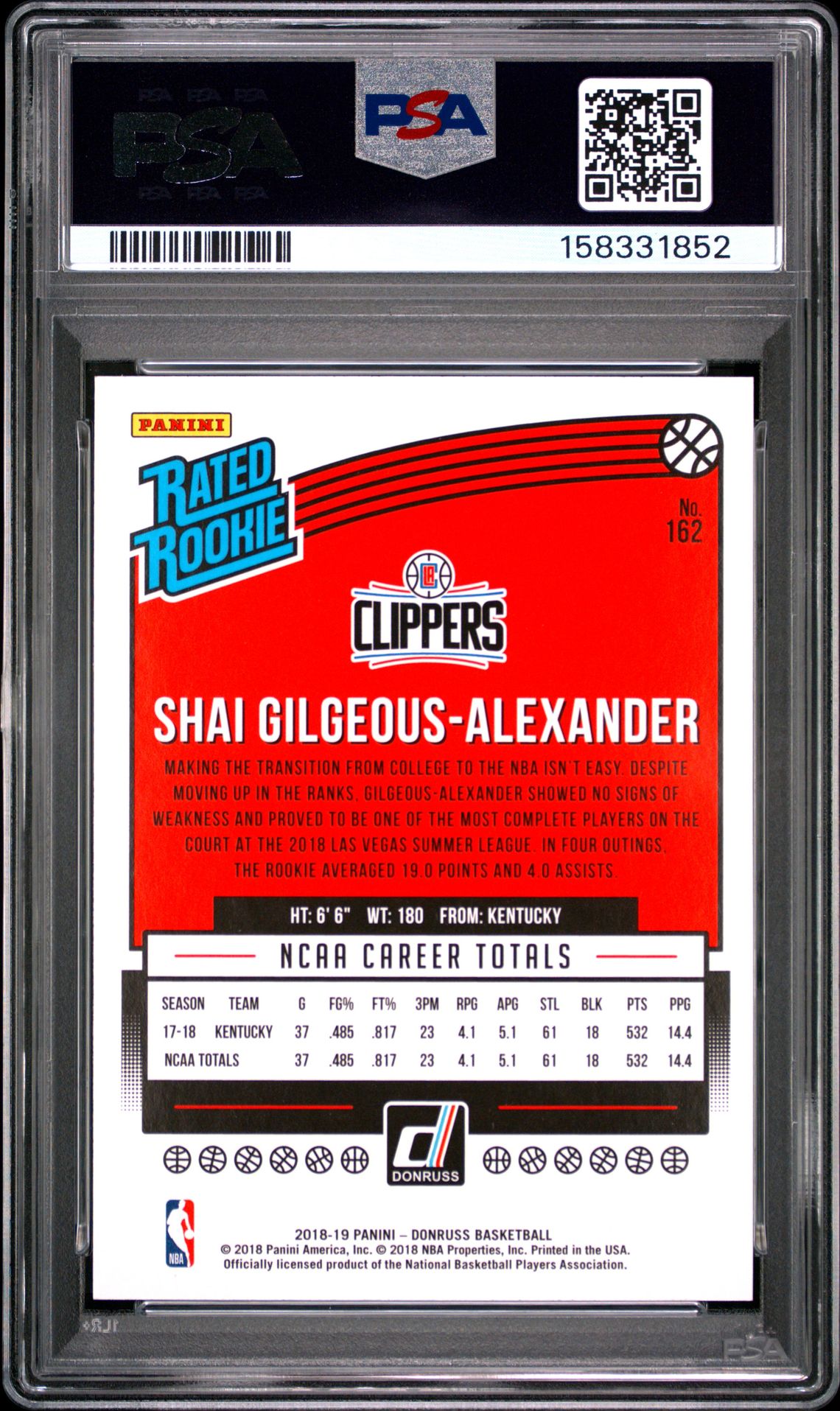 2018 Panini Donruss S.gilgeous-Alexander #162 Gem Mt 10 back view - PSA certificate #158331852