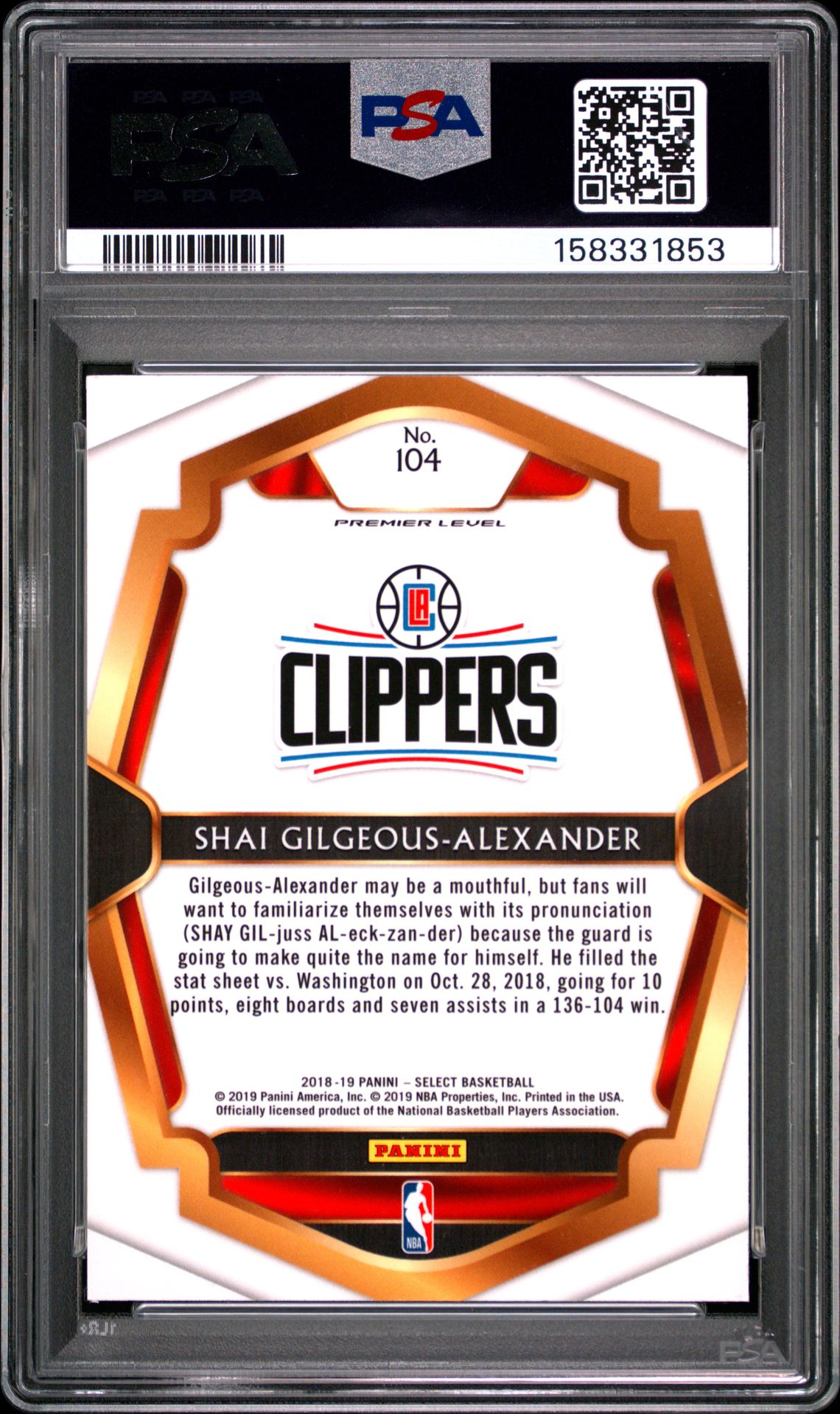 2018 Panini Select S.gilgeous-Alexander #104 Mint 9 back