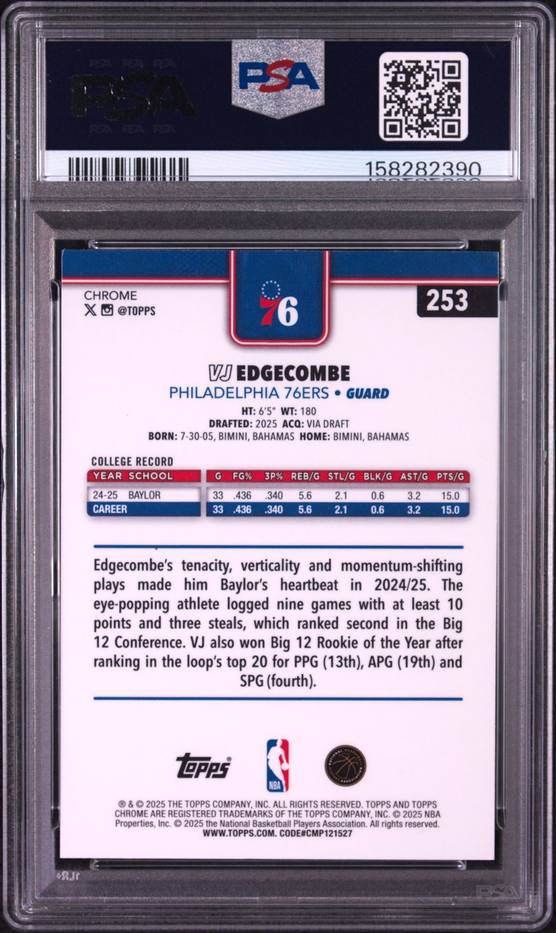 2025 Topps Chrome Vj Edgecombe #253 (X-Fractor) Mint 9 back