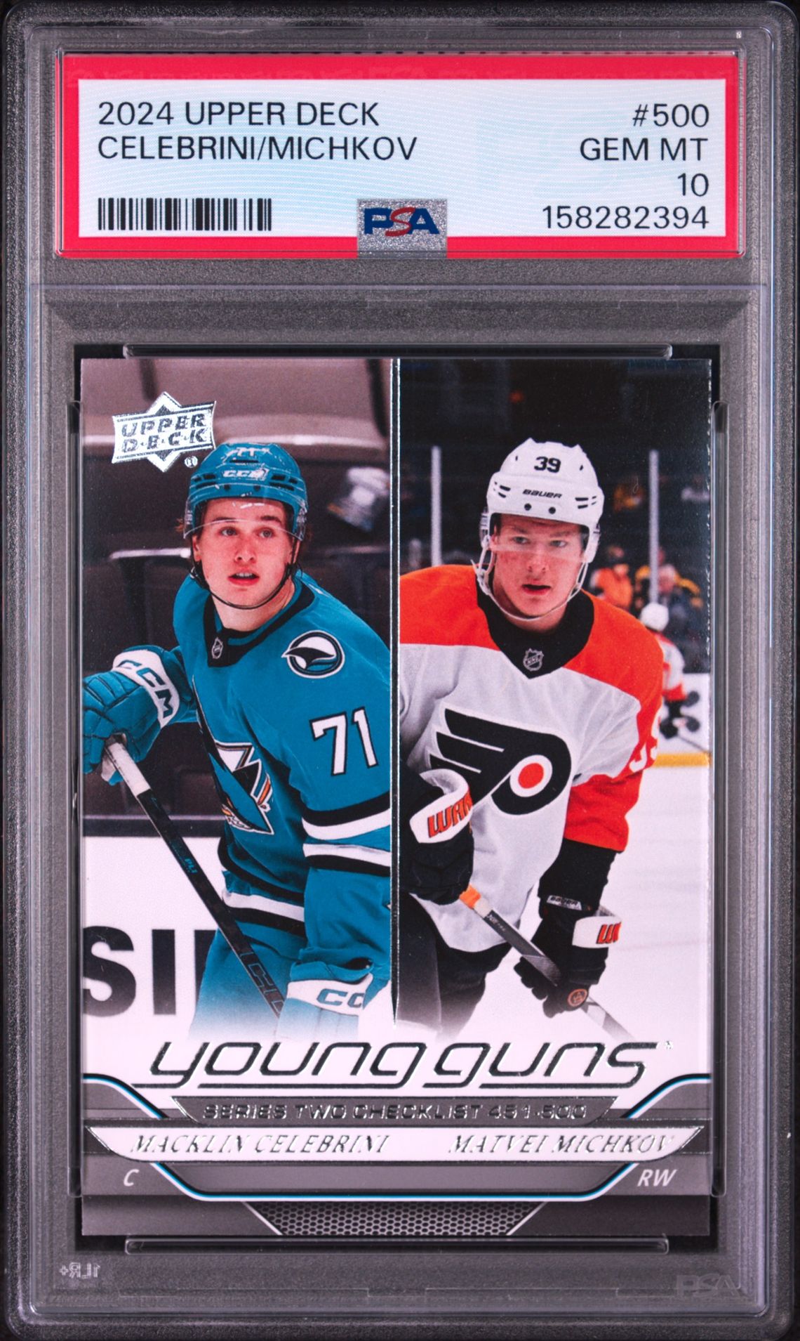 2024 Upper Deck Celebrini/Michkov #500 Gem Mt 10 front view - PSA graded GEM MT 10