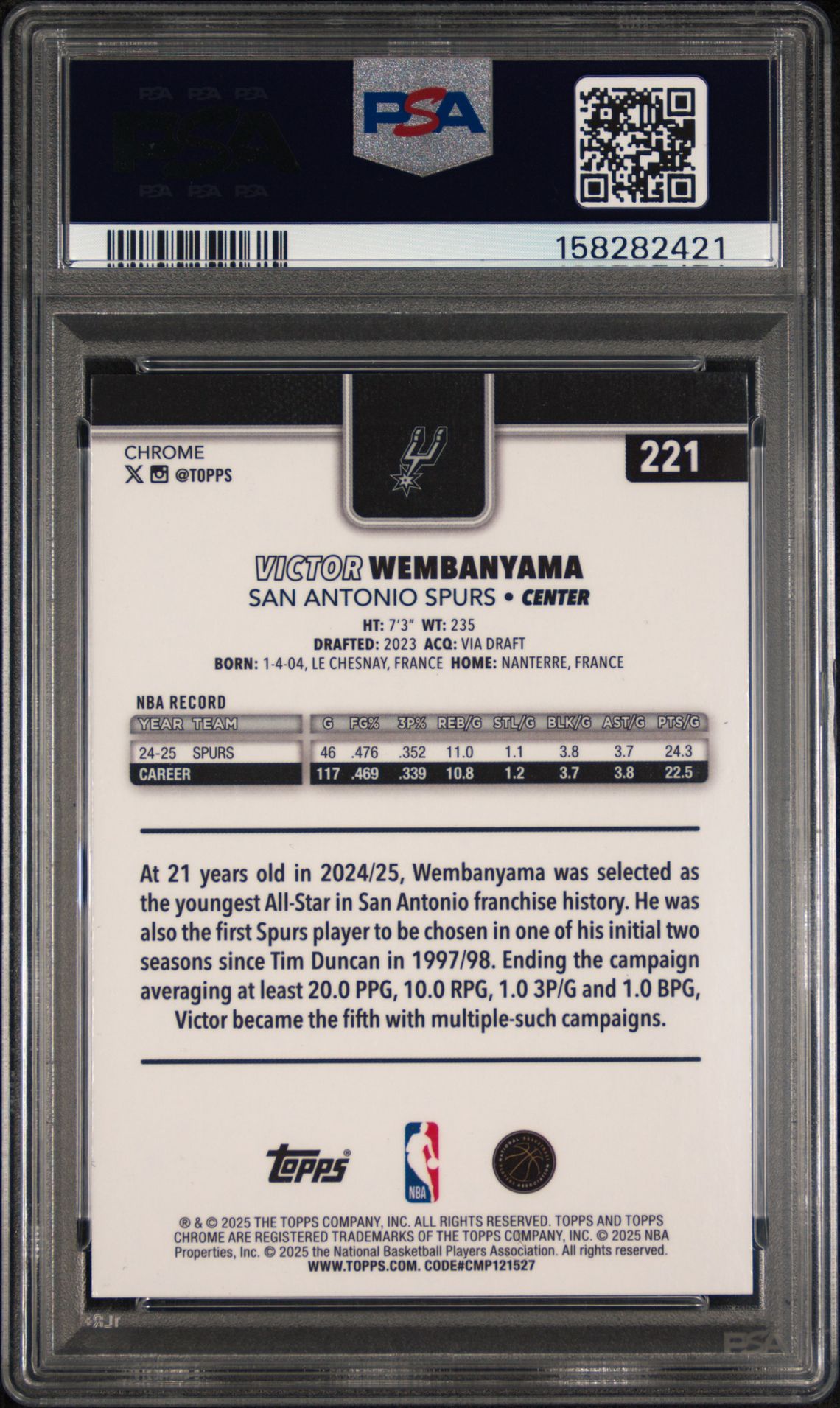2025 Topps Chrome Victor Wembanyama #221 (Image Variation) Mint 9 back