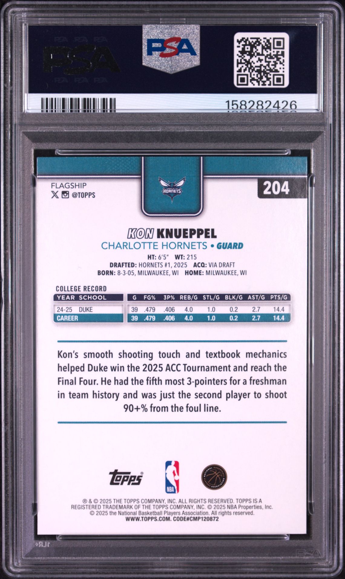 2025 Topps Kon Knueppel #204 (Holo Foil) Mint 9 back