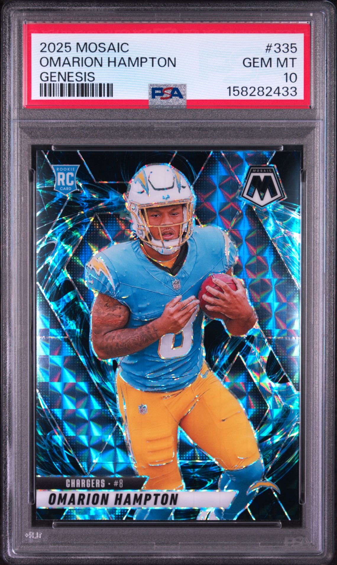 2025 Panini Mosaic Omarion Hampton #335 (Genesis) Gem Mt 10 front view - PSA graded GEM MT 10