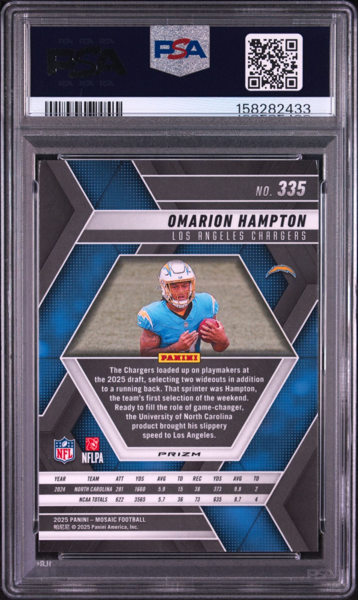 2025 Panini Mosaic Omarion Hampton #335 (Genesis) Gem Mt 10 back view - PSA certificate #158282433