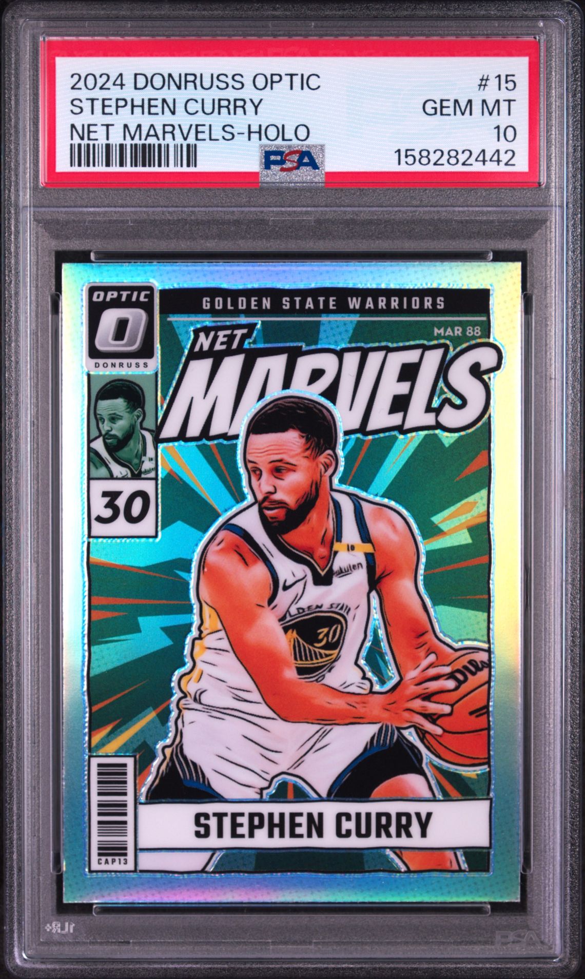 2024 PANINI DONRUSS OPTIC NET MARVELS STEPHEN CURRY NET MARVELS-HOLO 15 GEM MT 10 front