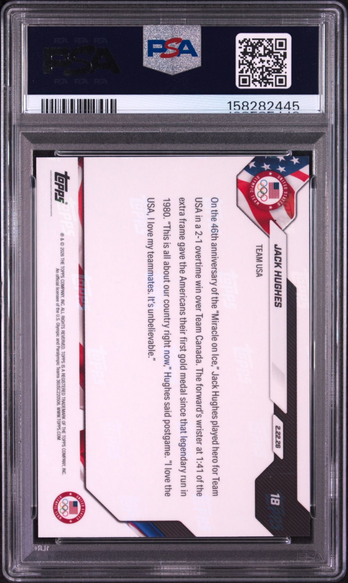 2026 Topps Now 2026 Olympics Jack Hughes #18 Gem Mt 10 back view - PSA certificate #158282445