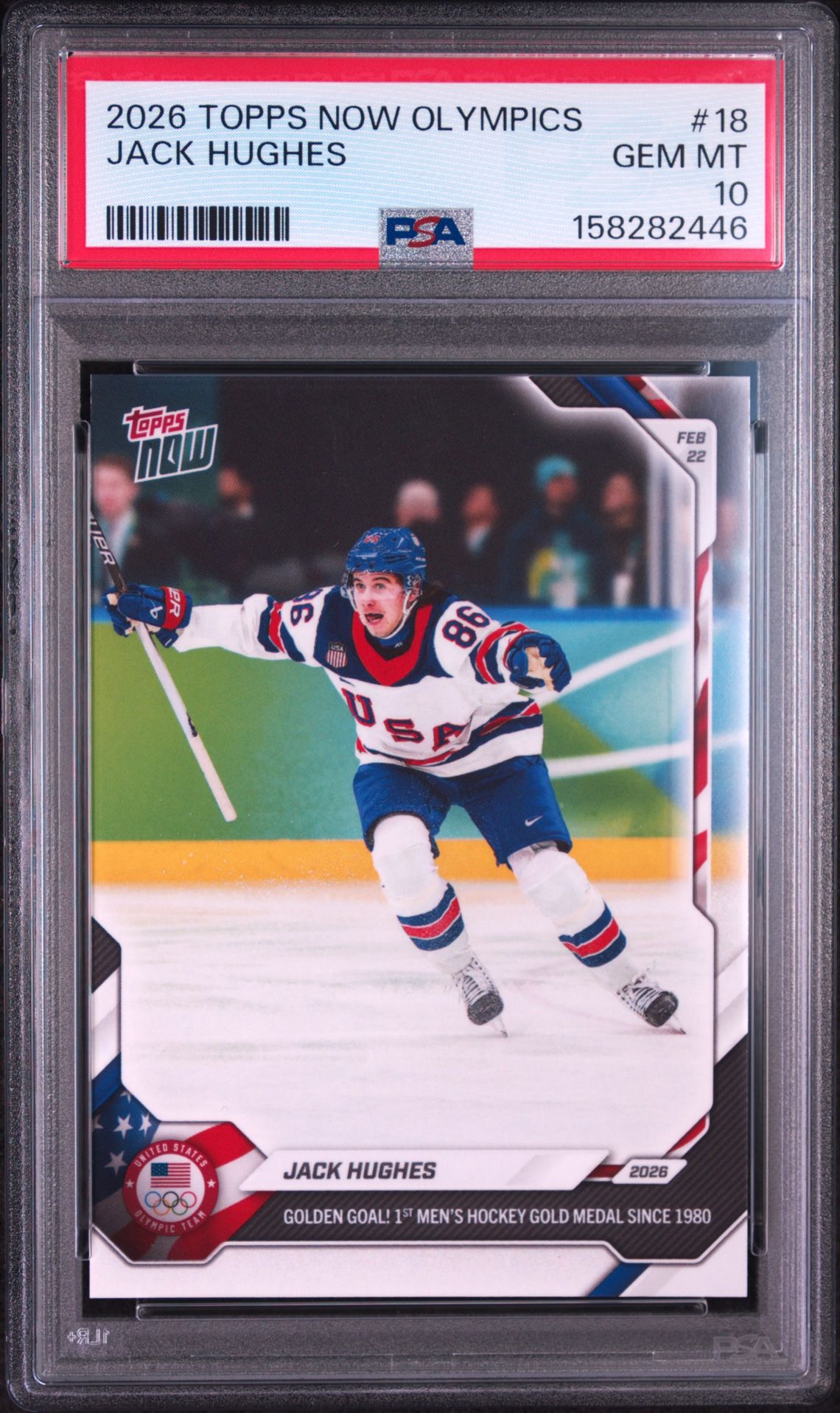 2026 Topps Now 2026 Olympics Jack Hughes #18 Gem Mt 10 front view - PSA graded GEM MT 10