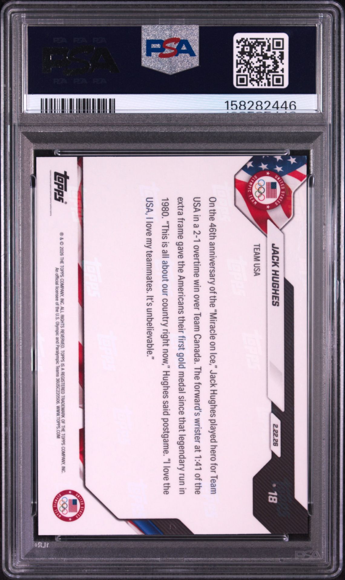 2026 Topps Now 2026 Olympics Jack Hughes #18 Gem Mt 10 back view - PSA certificate #158282446