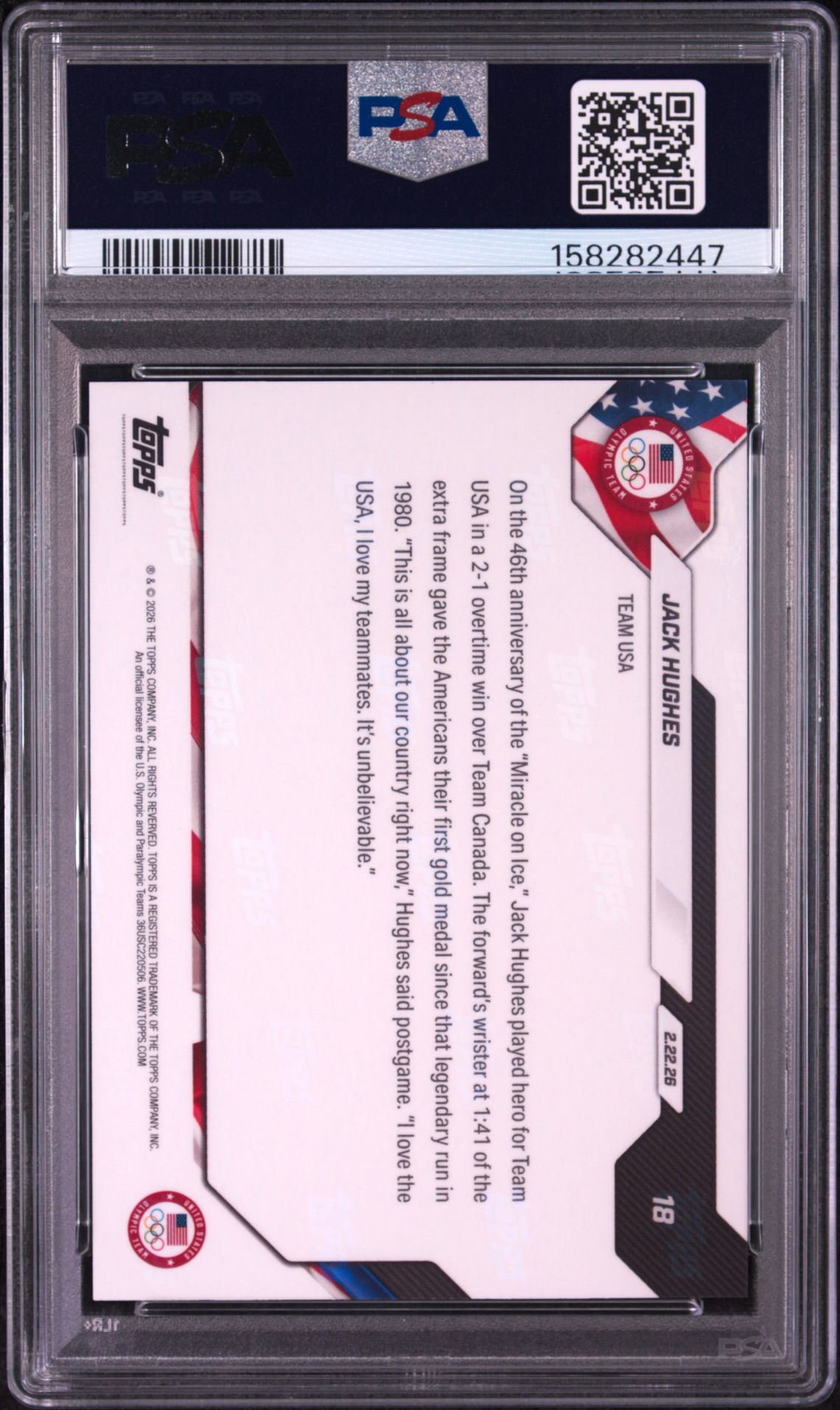 2026 Topps Now 2026 Olympics Jack Hughes #18 Gem Mt 10 back