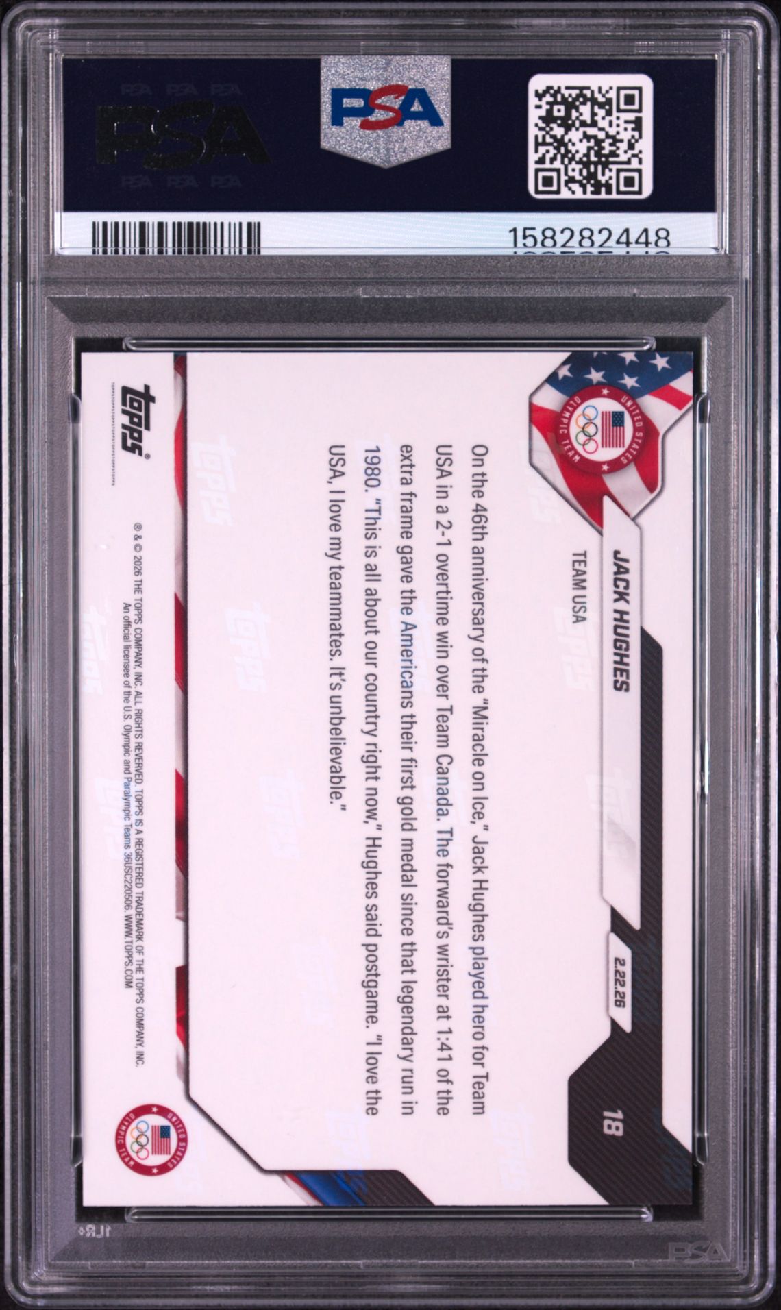 2026 Topps Now 2026 Olympics Jack Hughes #18 Gem Mt 10 back