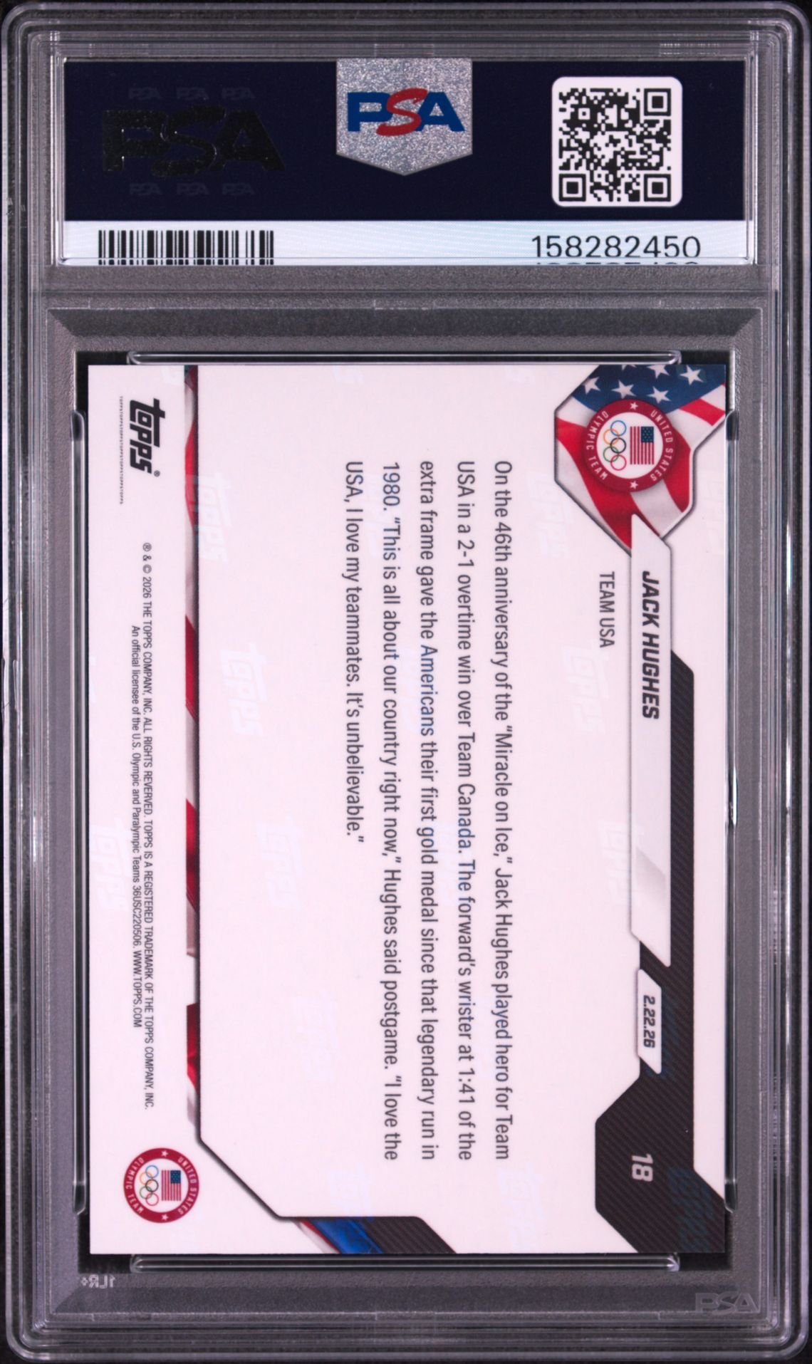 2026 Topps Now 2026 Olympics Jack Hughes #18 Gem Mt 10 back