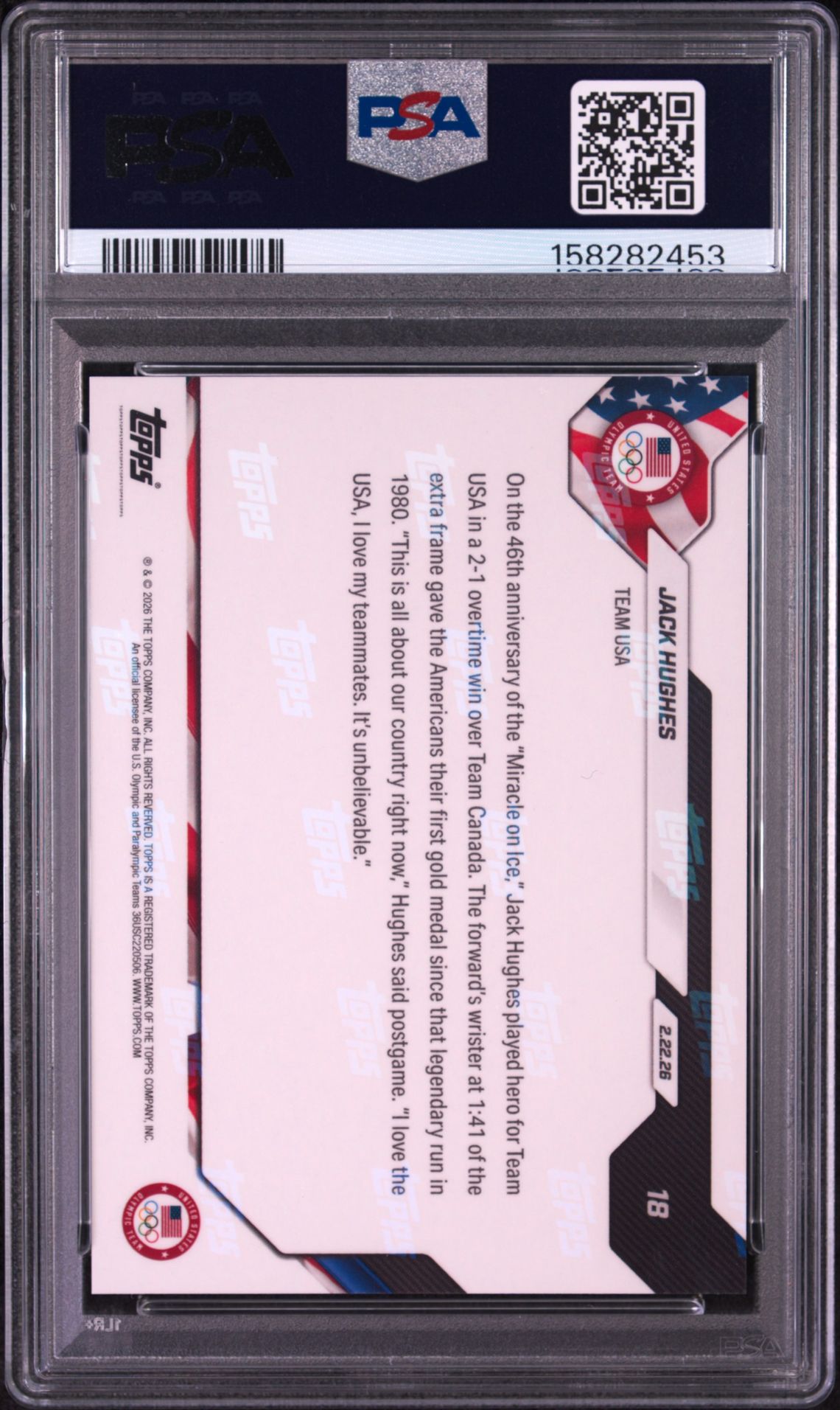 2026 Topps Now 2026 Olympics Jack Hughes #18 Gem Mt 10 back view - PSA certificate #158282453