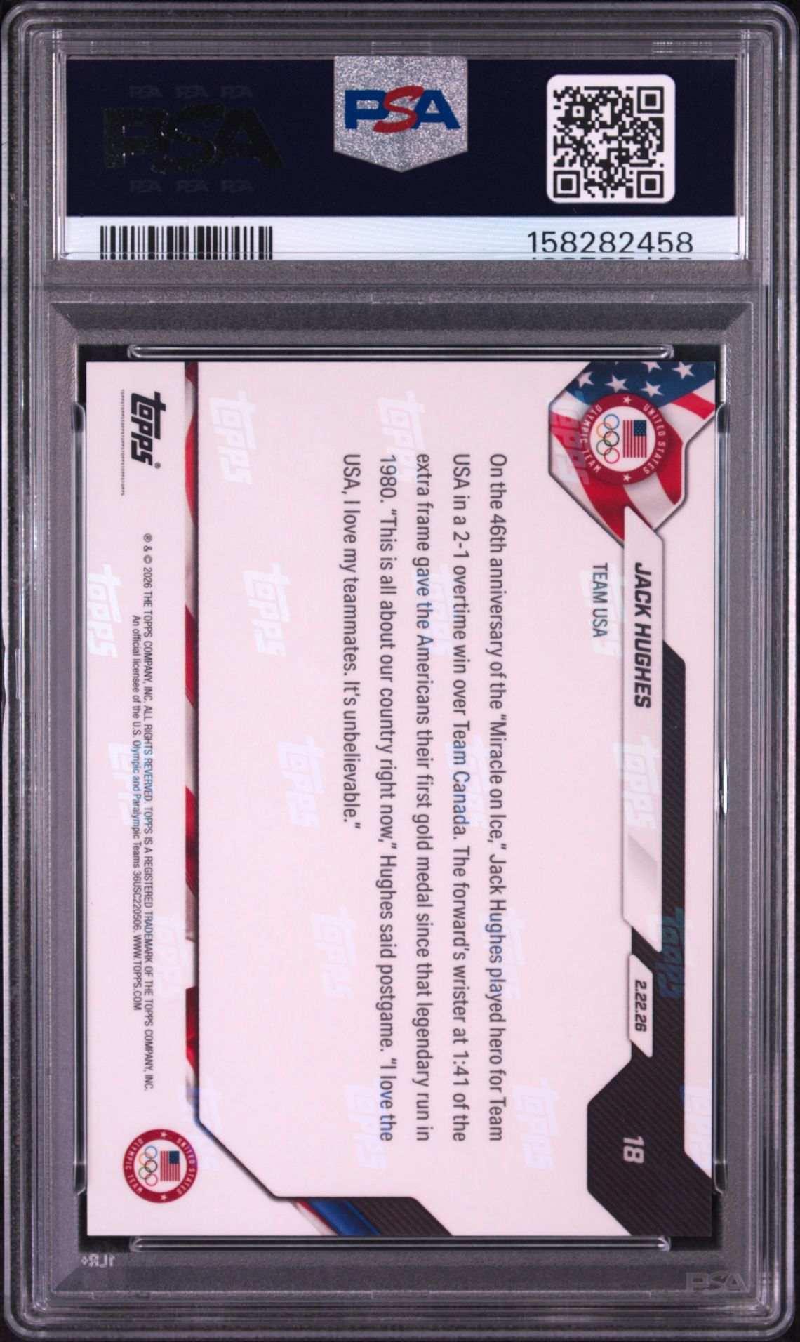 2026 Topps Now 2026 Olympics Jack Hughes #18 Gem Mt 10 back view - PSA certificate #158282458