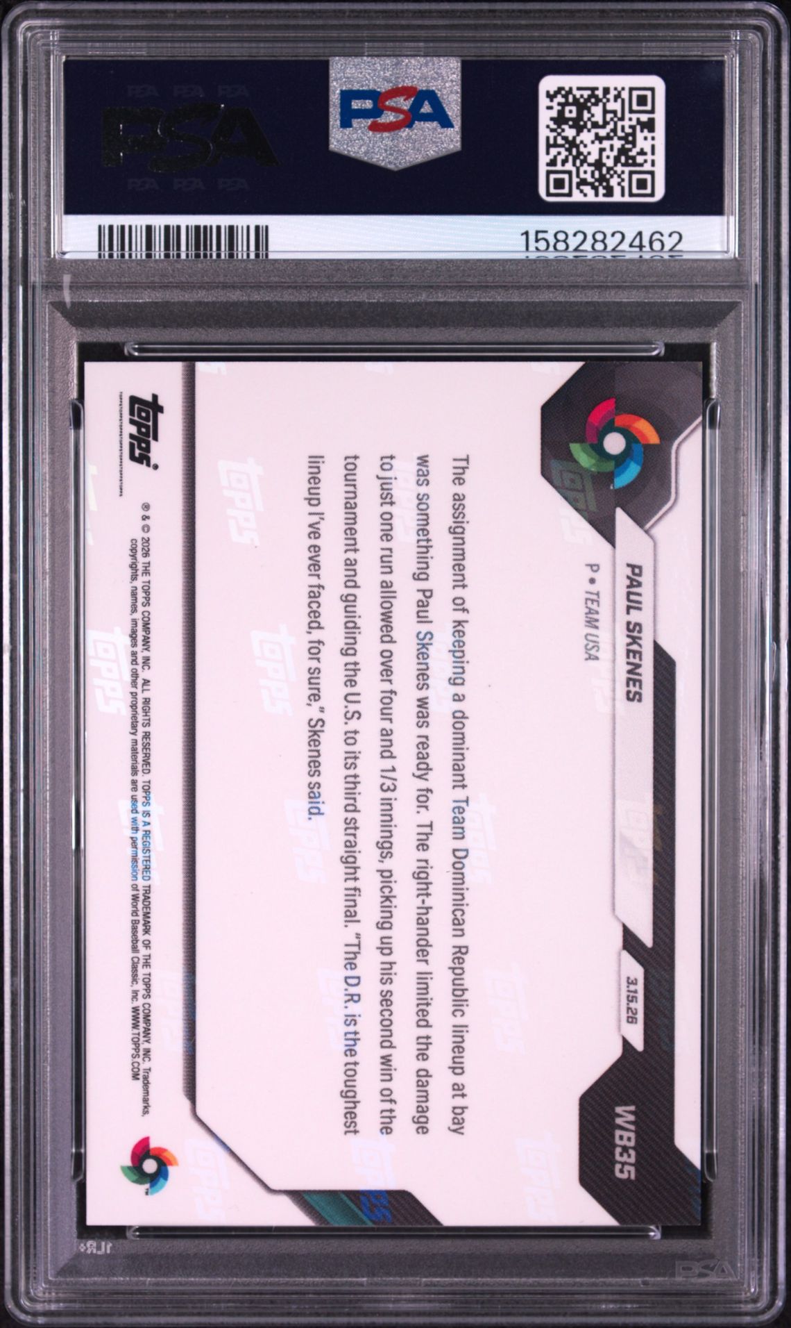 2026 Topps Now World Baseball Classic Paul Skenes #Wb35 Gem Mt 10 back view - PSA certificate #158282462