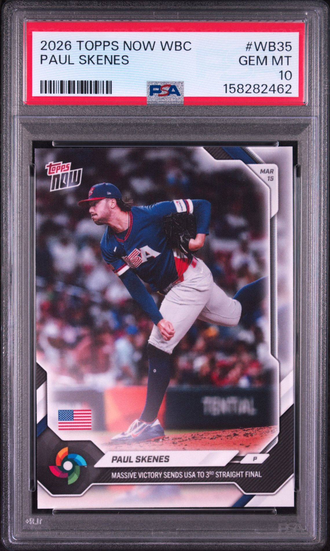 2026 Topps Now World Baseball Classic Paul Skenes #Wb35 Gem Mt 10 front view - PSA graded GEM MT 10