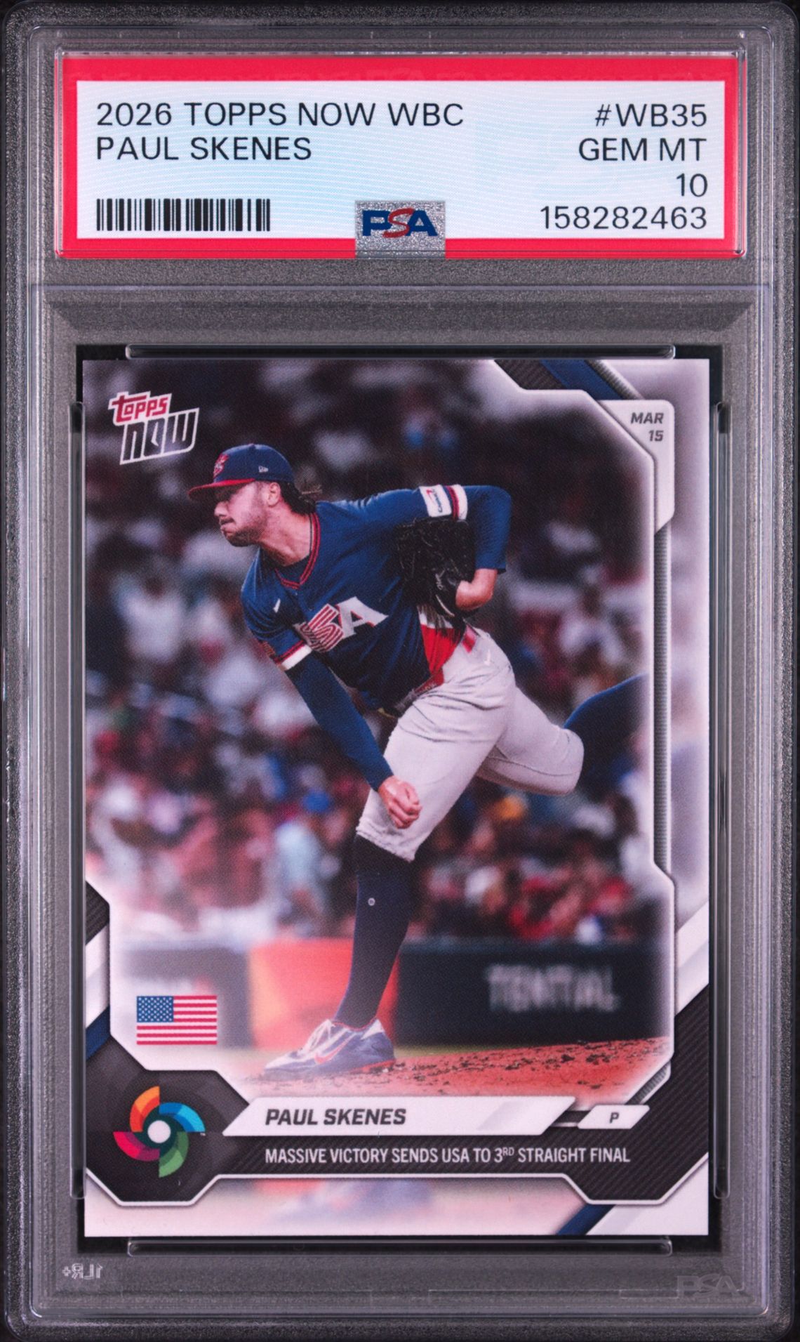 2026 Topps Now World Baseball Classic Paul Skenes #Wb35 Gem Mt 10 front view - PSA graded GEM MT 10