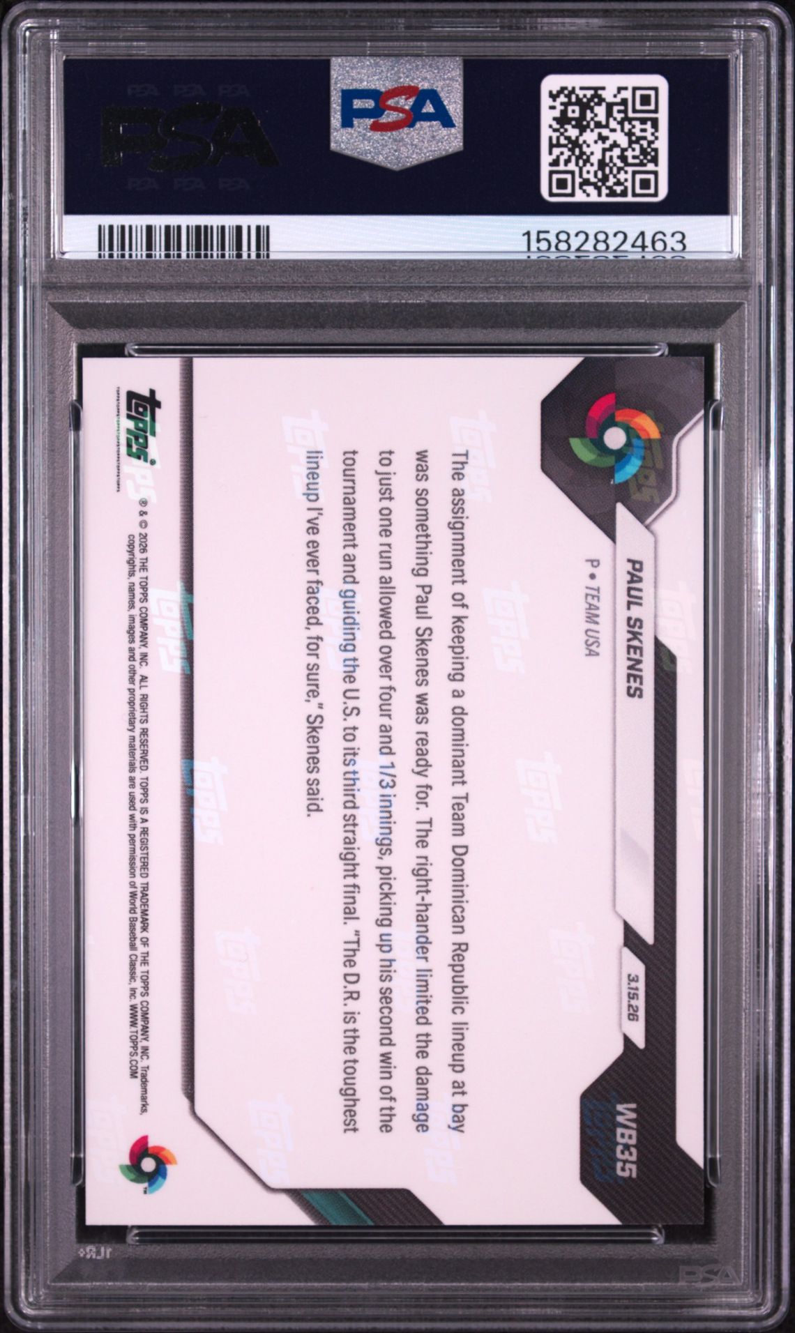 2026 Topps Now World Baseball Classic Paul Skenes #Wb35 Gem Mt 10 back view - PSA certificate #158282463