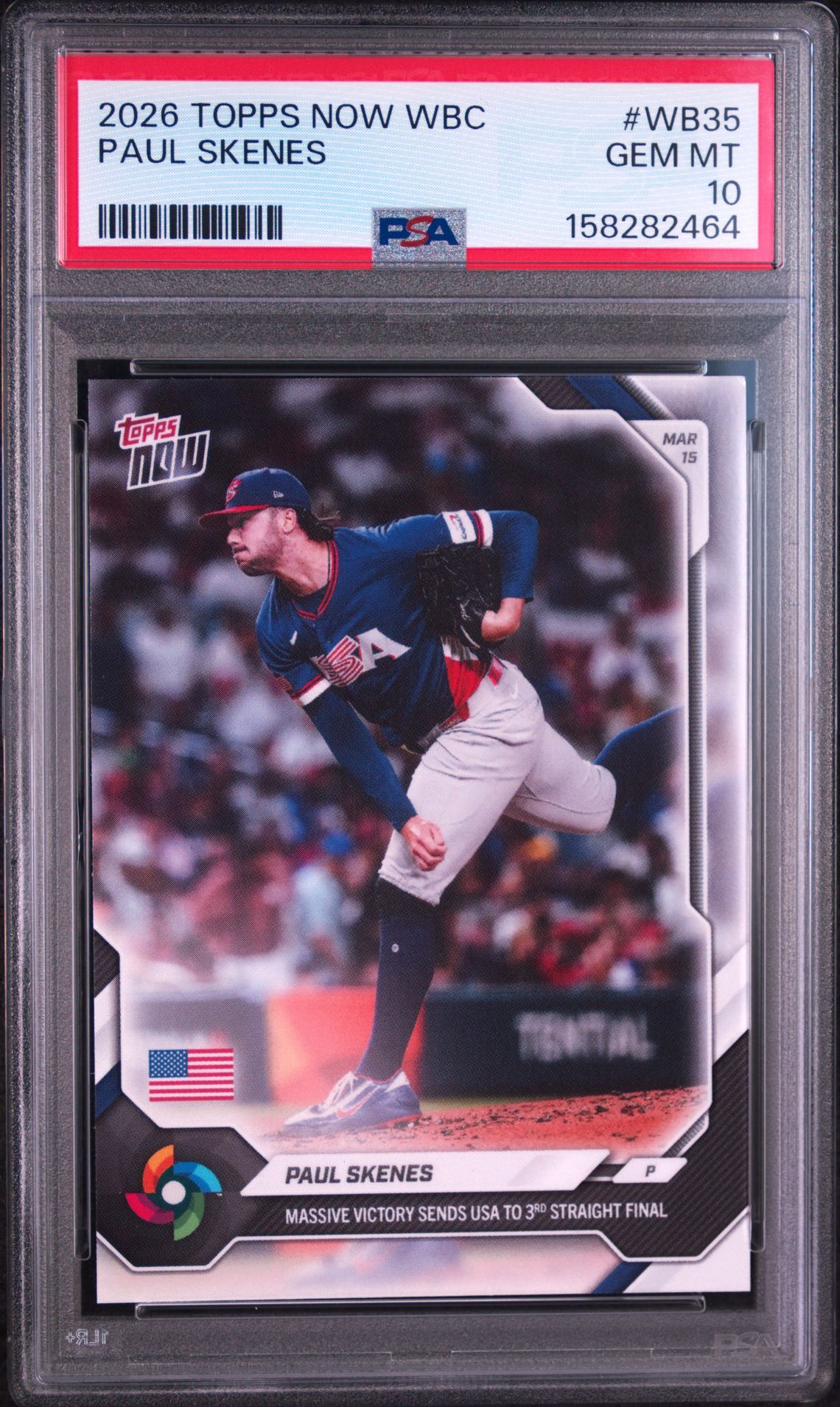 2026 Topps Now World Baseball Classic Paul Skenes #Wb35 Gem Mt 10 front view - PSA graded GEM MT 10