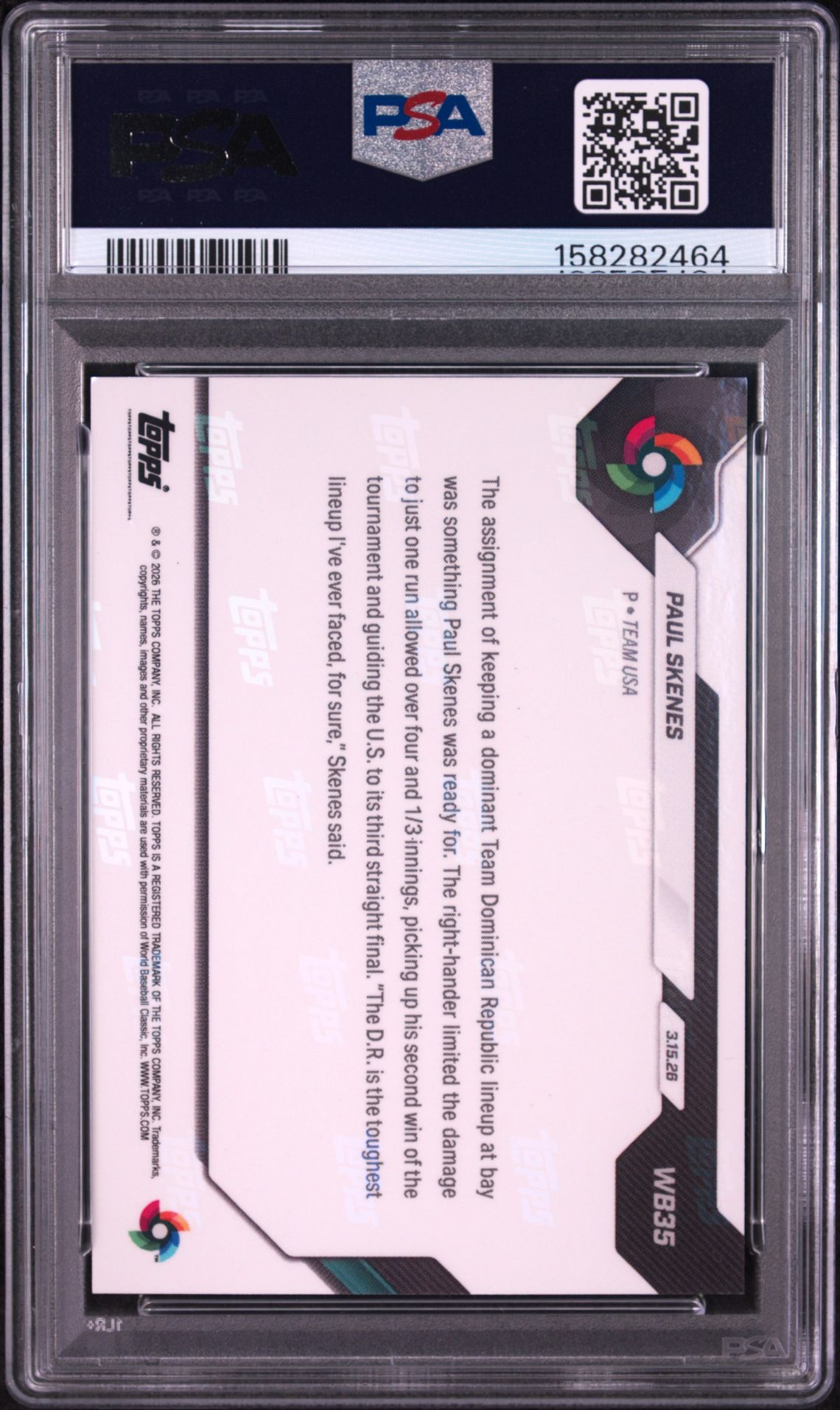 2026 Topps Now World Baseball Classic Paul Skenes #Wb35 Gem Mt 10 back view - PSA certificate #158282464