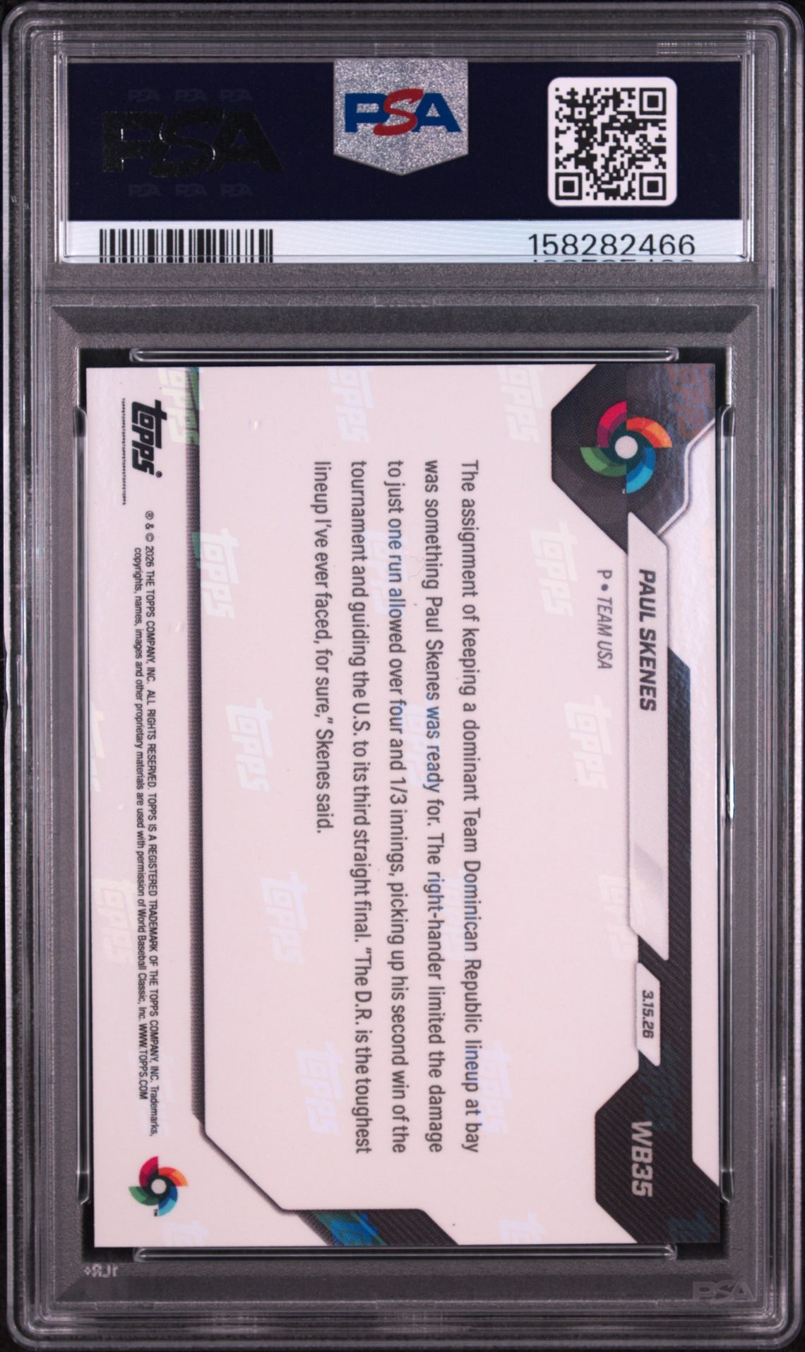 2026 Topps Now World Baseball Classic Paul Skenes #Wb35 Gem Mt 10 back view - PSA certificate #158282466