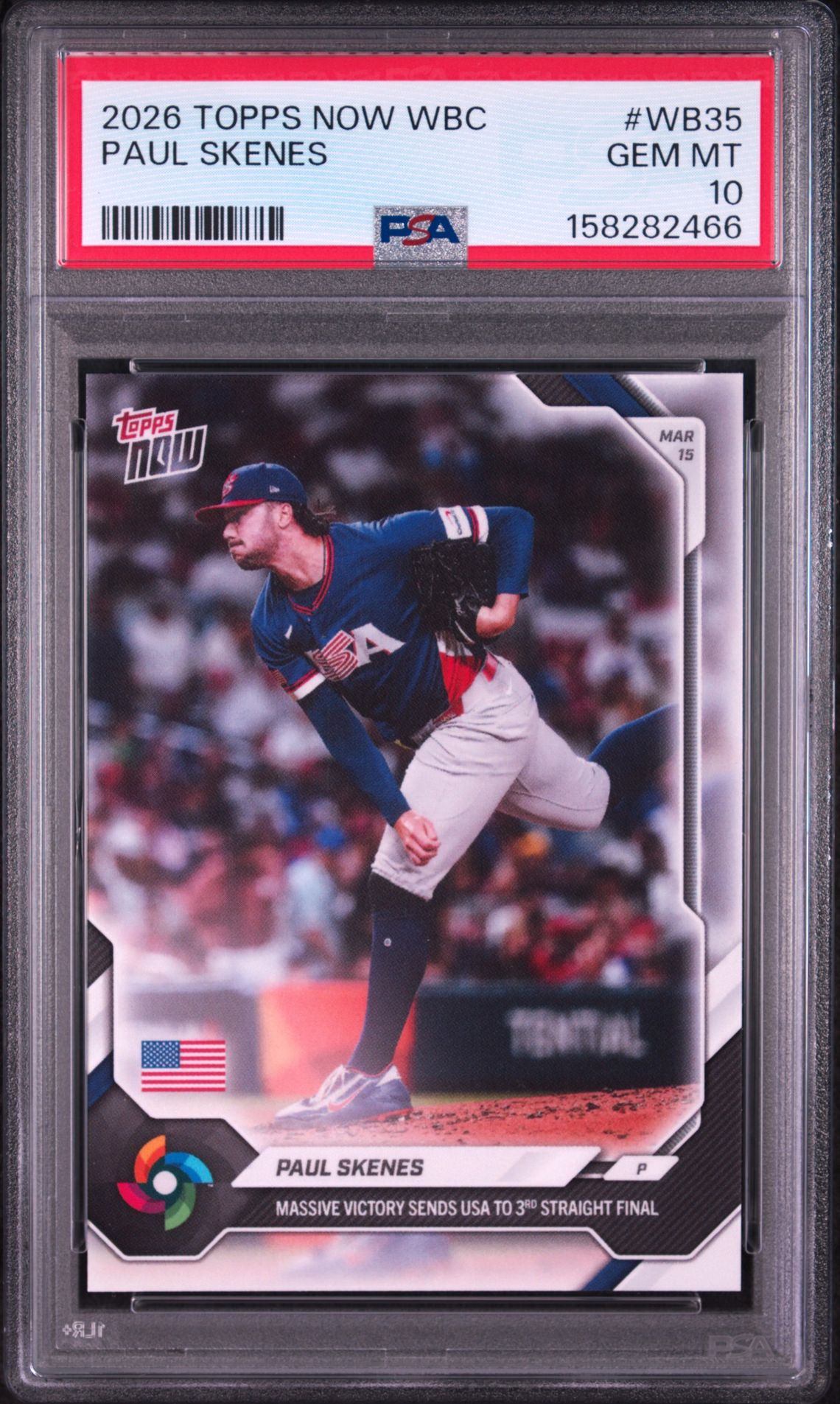 2026 Topps Now World Baseball Classic Paul Skenes #Wb35 Gem Mt 10 front view - PSA graded GEM MT 10