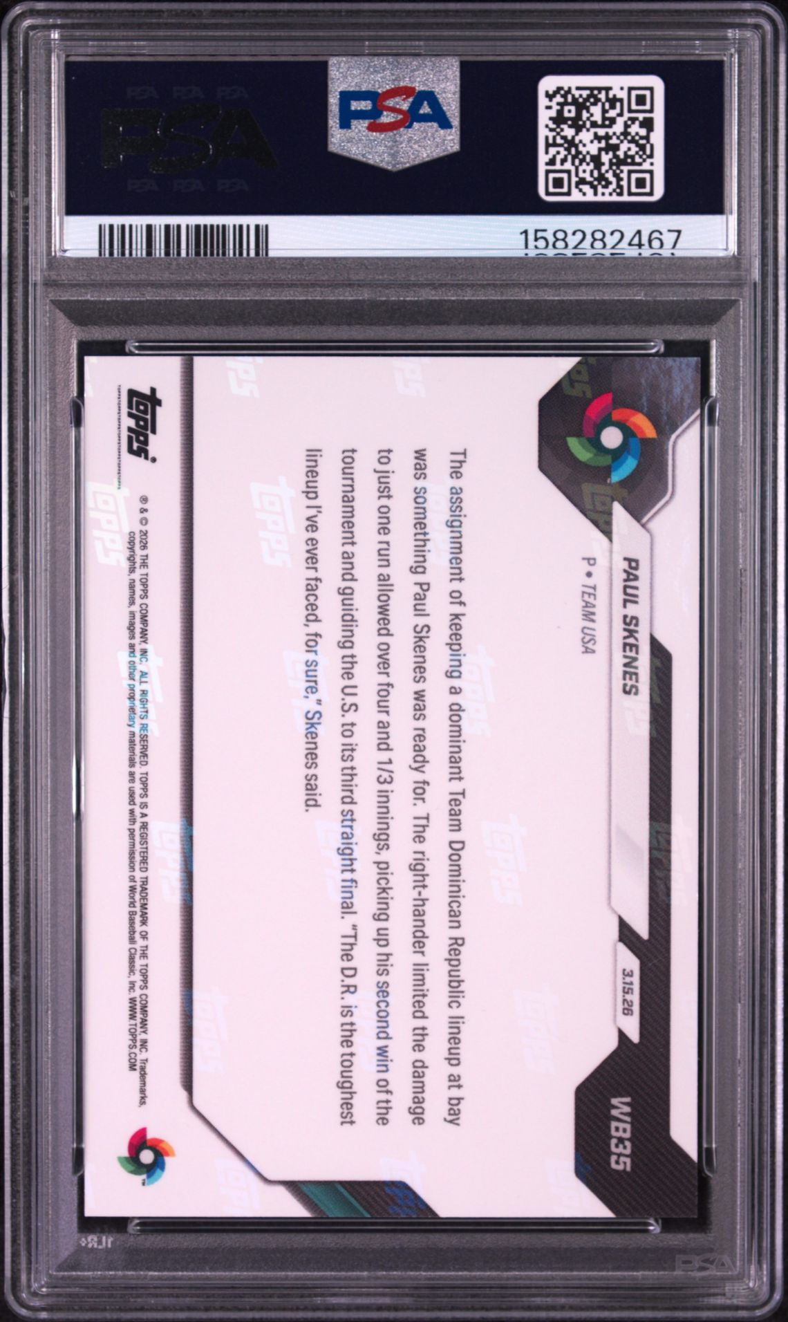 2026 Topps Now World Baseball Classic Paul Skenes #Wb35 Gem Mt 10 back view - PSA certificate #158282467