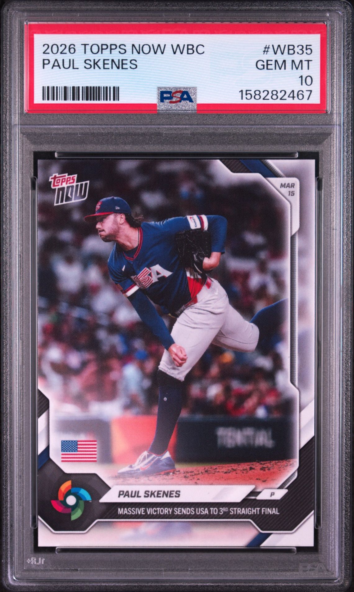2026 Topps Now World Baseball Classic Paul Skenes #Wb35 Gem Mt 10 front view - PSA graded GEM MT 10