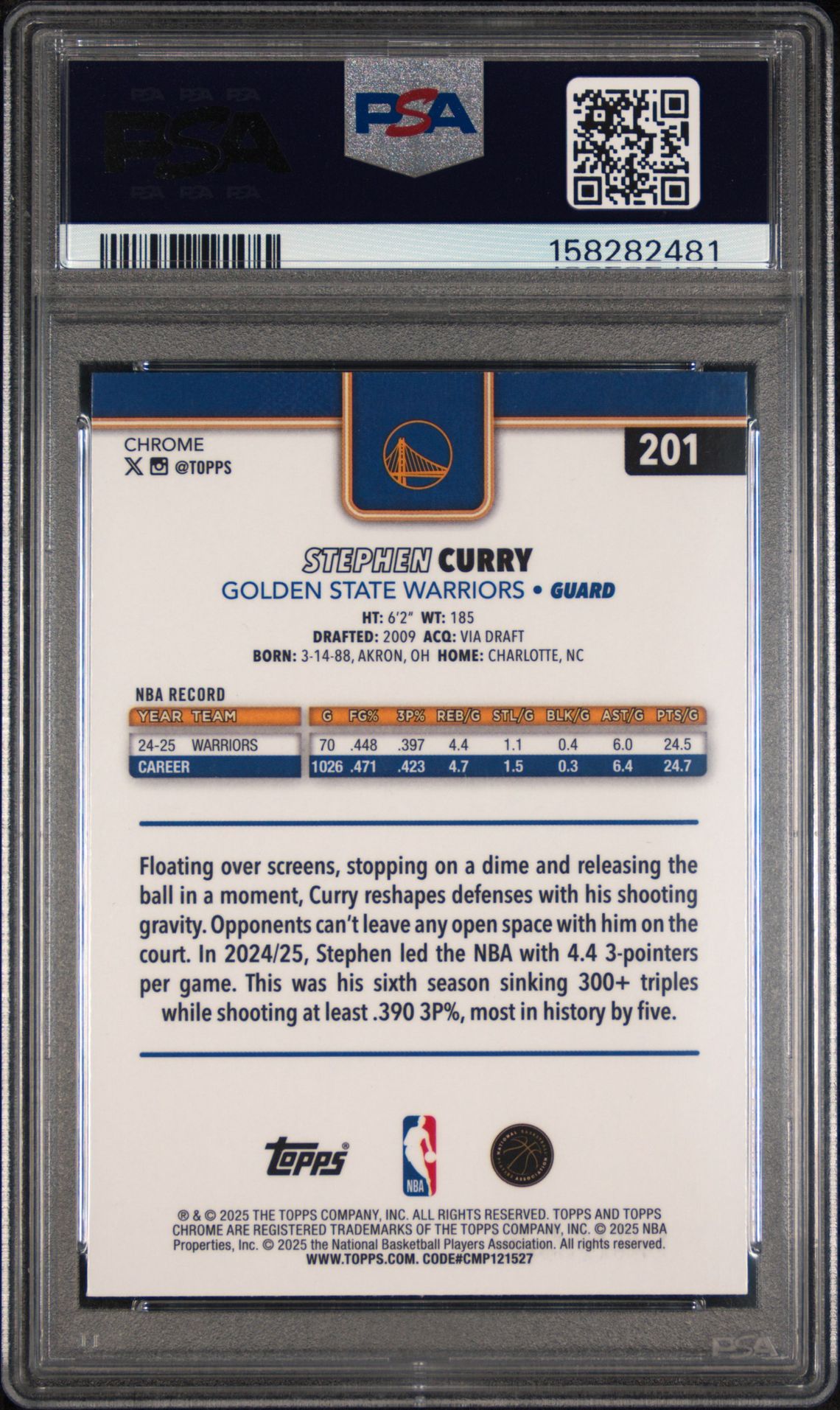 2025 Topps Chrome Stephen Curry #201 (Basketball Refractor) Gem Mt 10 back view - PSA certificate #158282481
