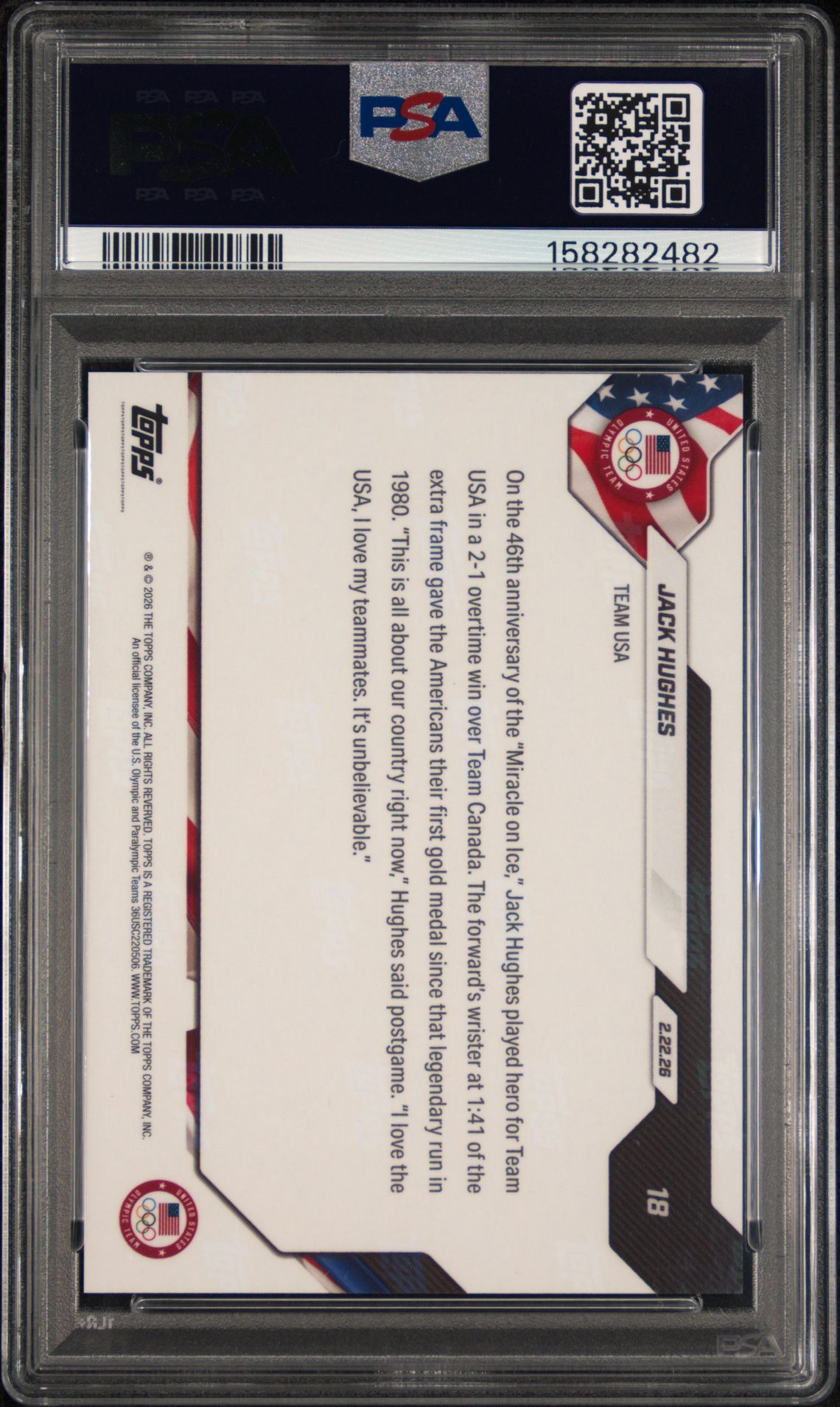 2026 Topps Now 2026 Olympics Jack Hughes #18 Gem Mt 10 back view - PSA certificate #158282482