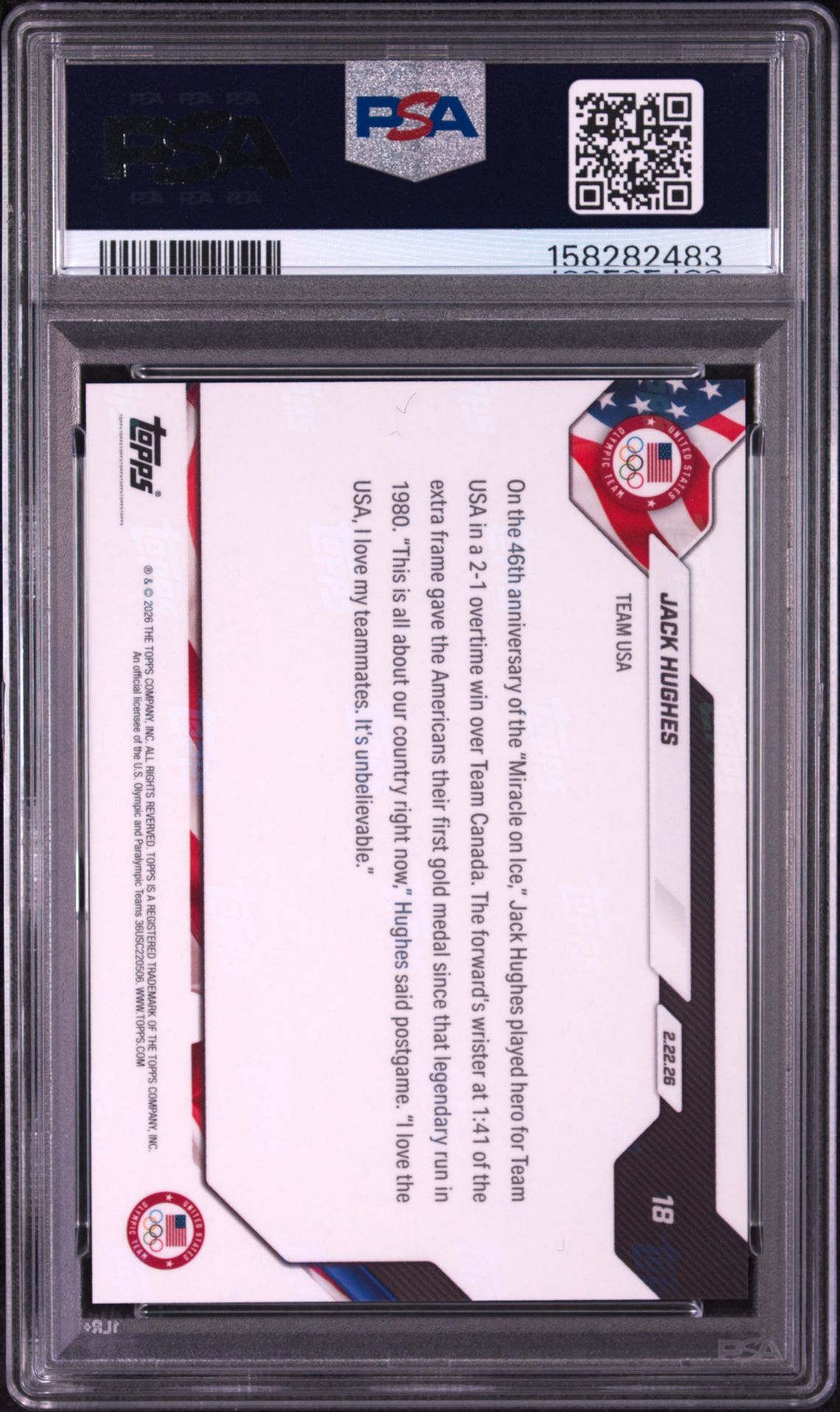 2026 Topps Now 2026 Olympics Jack Hughes #18 Gem Mt 10 back view - PSA certificate #158282483