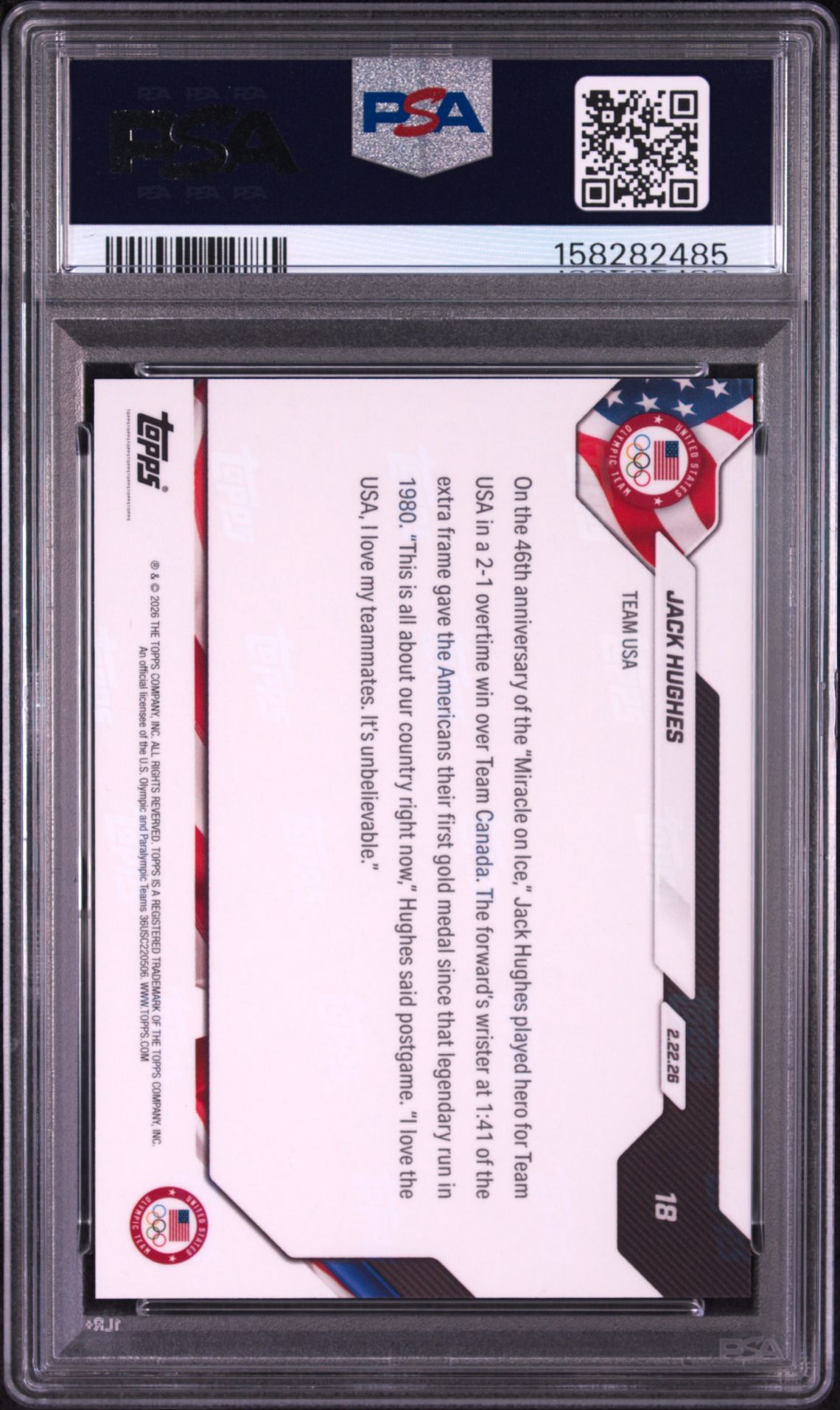 2026 Topps Now 2026 Olympics Jack Hughes #18 Gem Mt 10 back view - PSA certificate #158282485