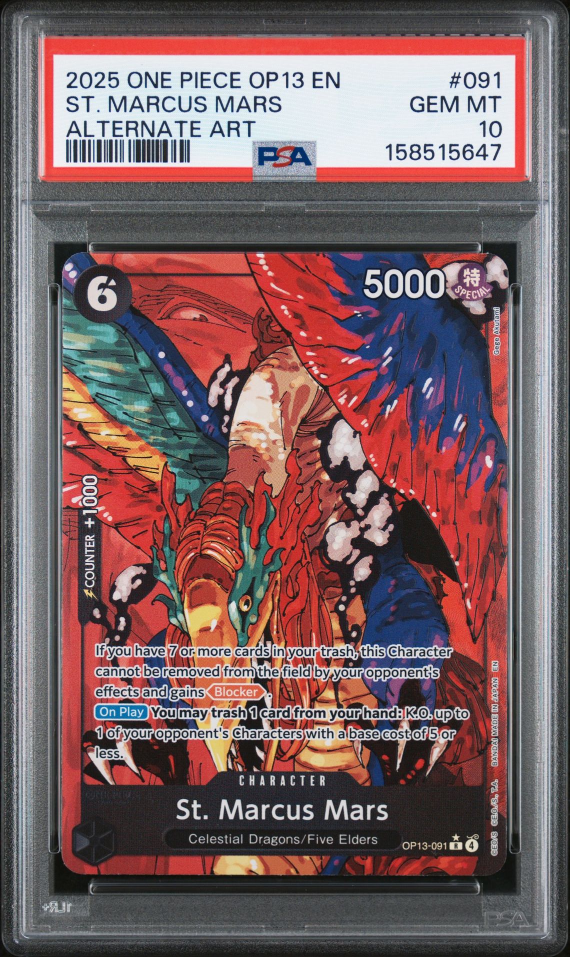 2025 One Piece Op13-Carrying On His Will St. Marcus Mars #091 (Alternate Art) Gem Mt 10 front view - PSA graded GEM MT 10
