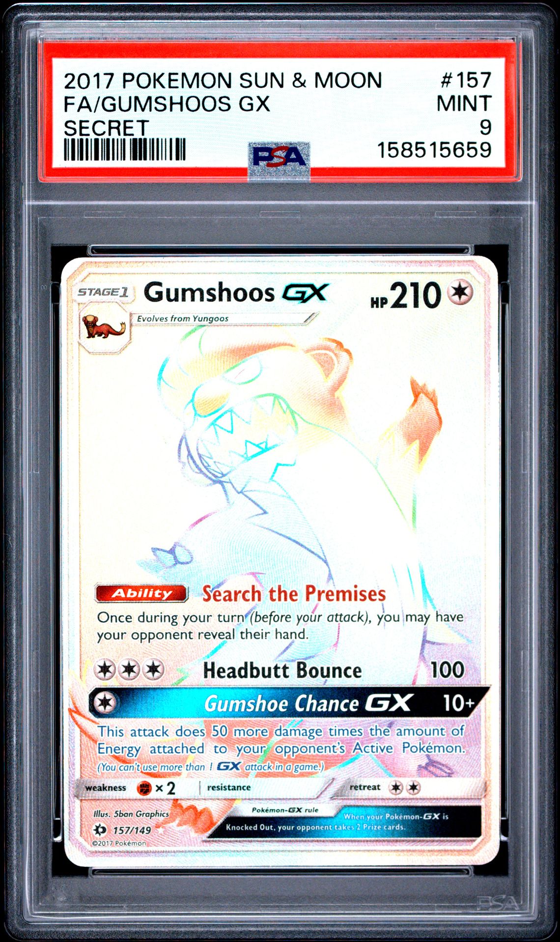 2017 Pokemon Sun & Moon Fa/Gumshoos Gx #157 (Secret) Mint 9 front