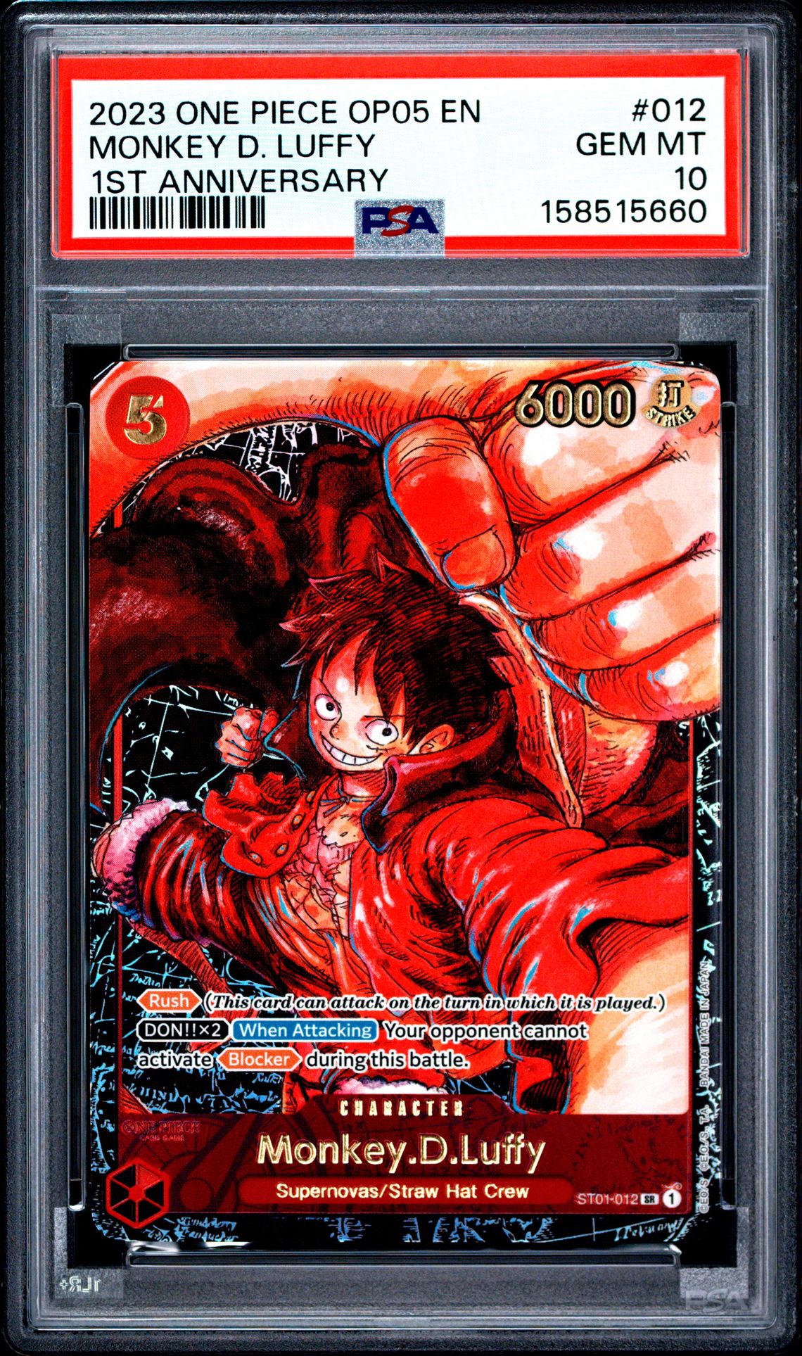 2023 ONE PIECE OP05-AWAKENING OF THE NEW ERA MONKEY D. LUFFY 1ST ANNIVERSARY 012 GEM MT 10 front