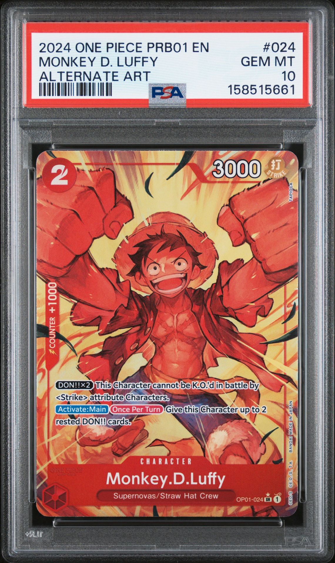 2024 One Piece Prb01-Premium Booster -One Piece Card The Best- Monkey D. Luffy #024 (Alternate Art) Gem Mt 10 front