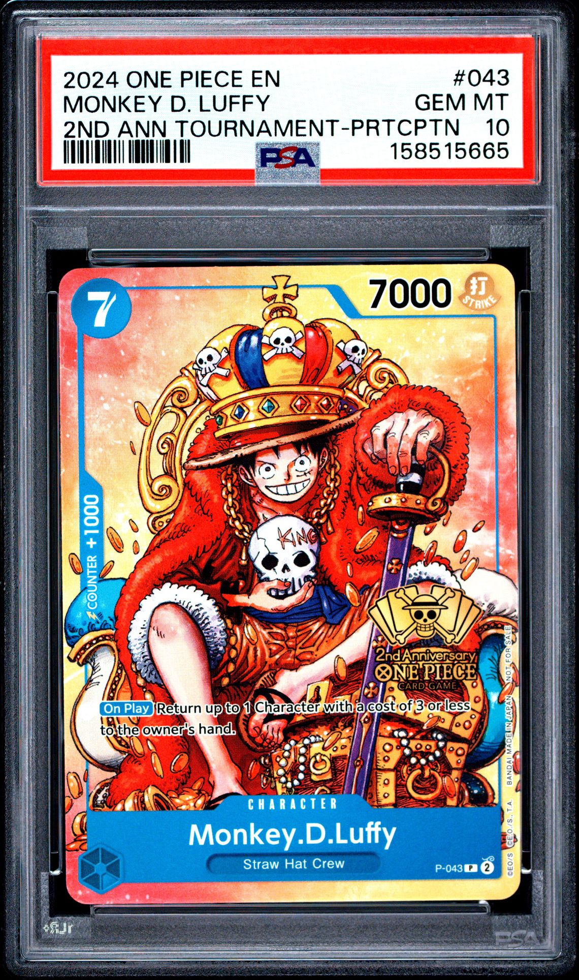 2024 One Piece Promos Monkey D. Luffy #043 (2Nd Ann Tournament-Prtcptn) Gem Mt 10 front