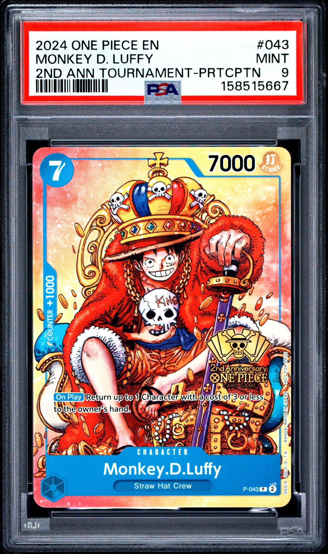 2024 One Piece Promos Monkey D. Luffy #043 (2Nd Ann Tournament-Prtcptn) Mint 9 front