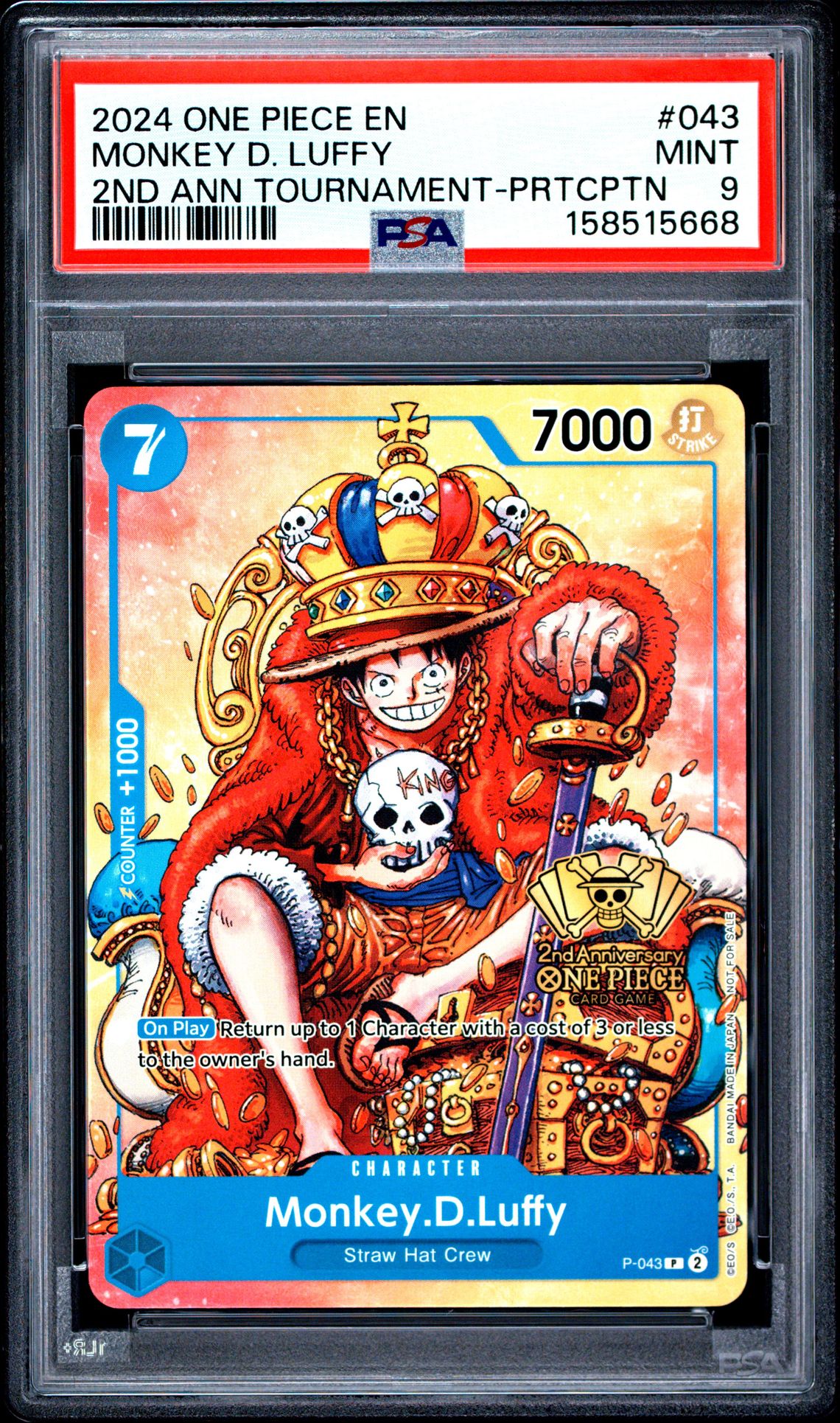 2024 One Piece Promos Monkey D. Luffy #043 (2Nd Ann Tournament-Prtcptn) Mint 9 front