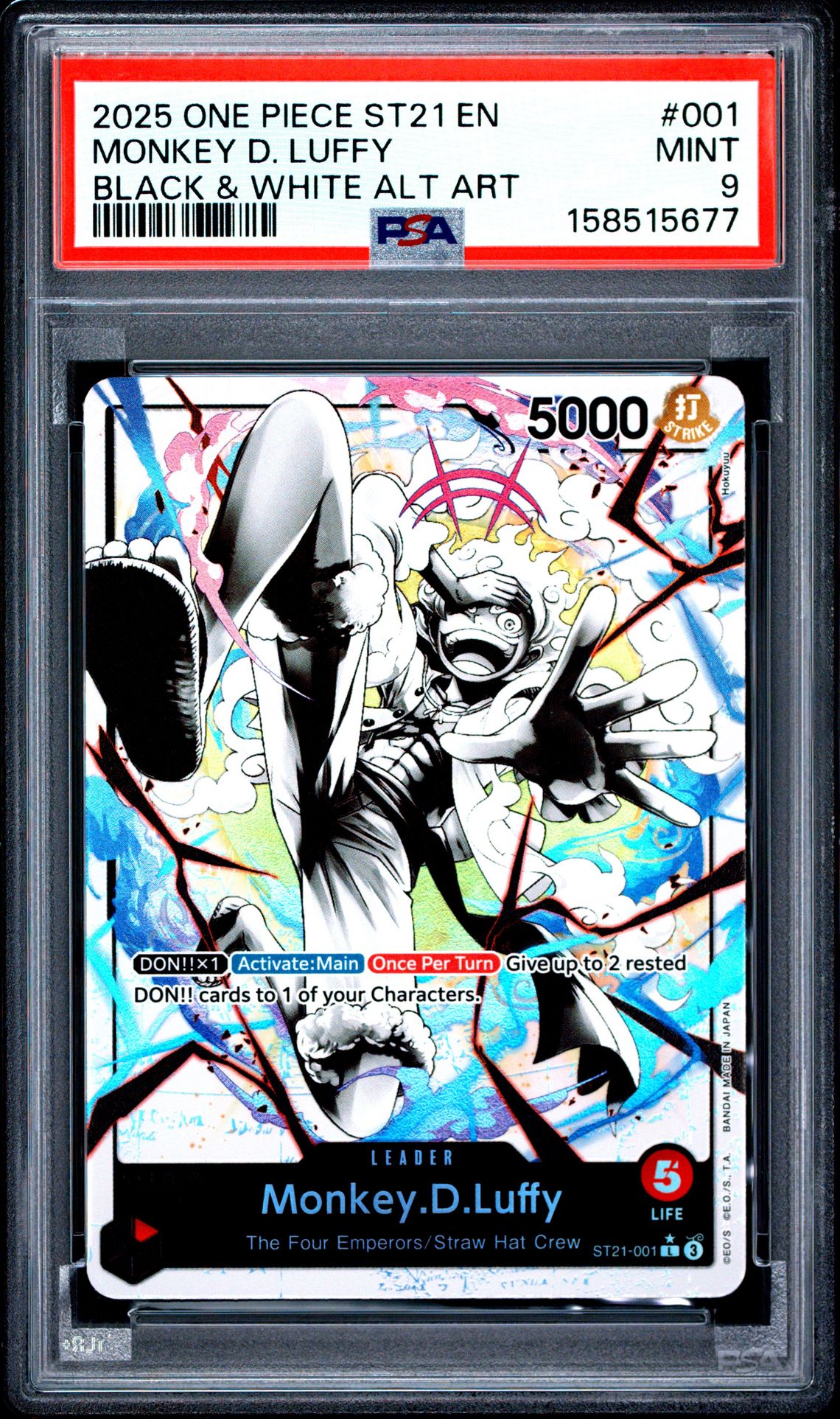 2025 One Piece Starter Deck St21-Ex Gear 5 Monkey D. Luffy #001 (Black & White Alt Art) Mint 9 front