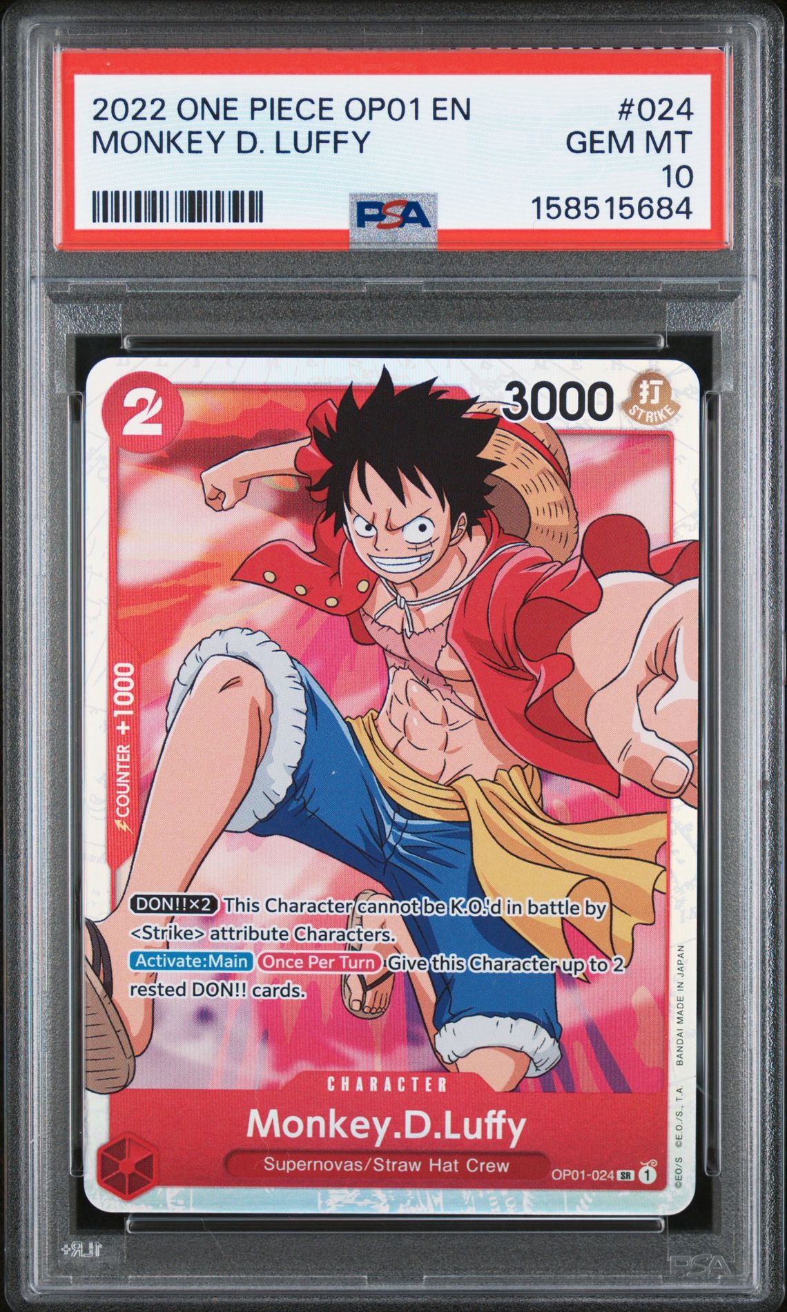2022 One Piece Op01-Romance Dawn Monkey D. Luffy #024 Gem Mt 10 front