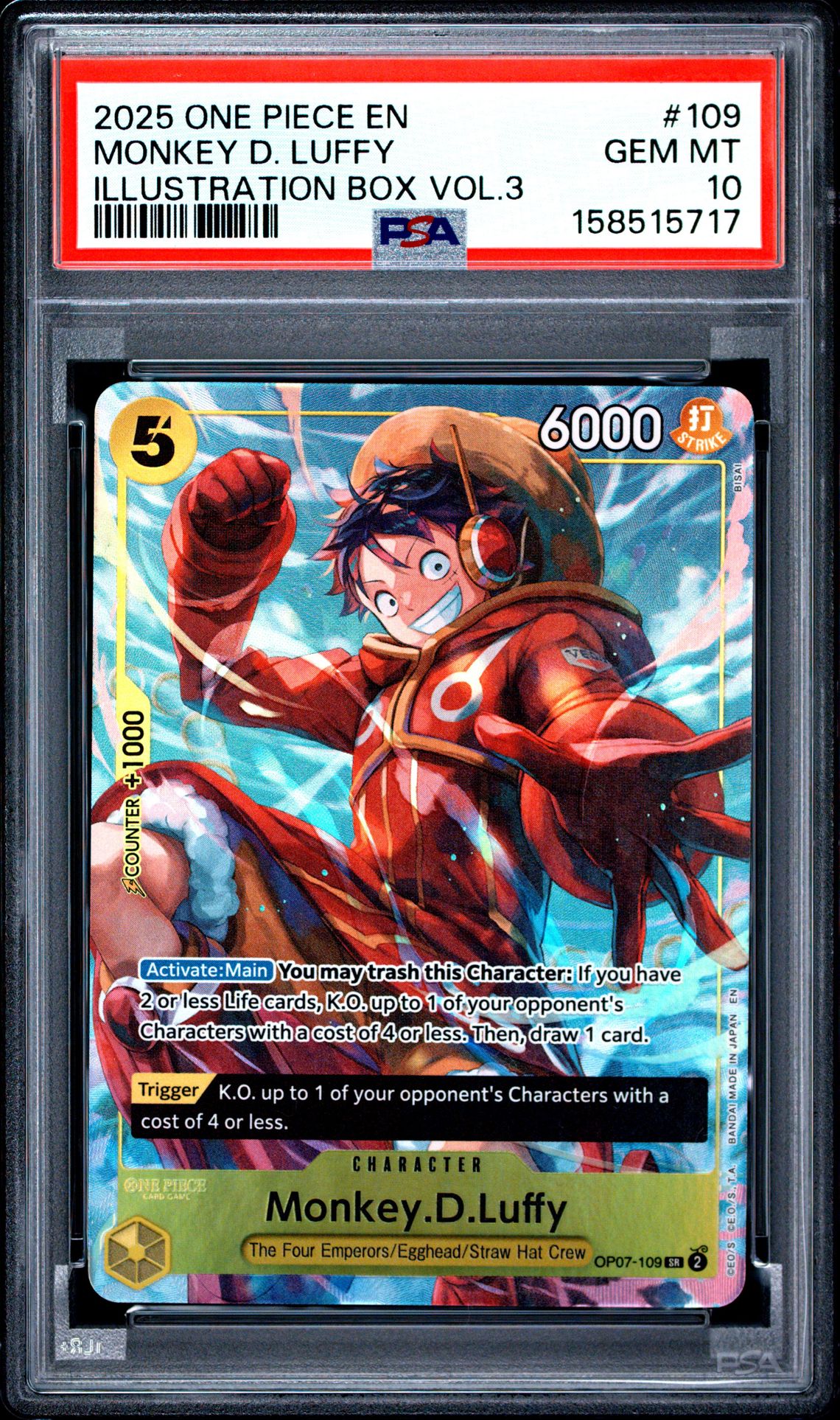 2025 One Piece Promos Monkey D. Luffy #109 (Illustration Box Vol.3) Gem Mt 10 front view - PSA graded GEM MT 10