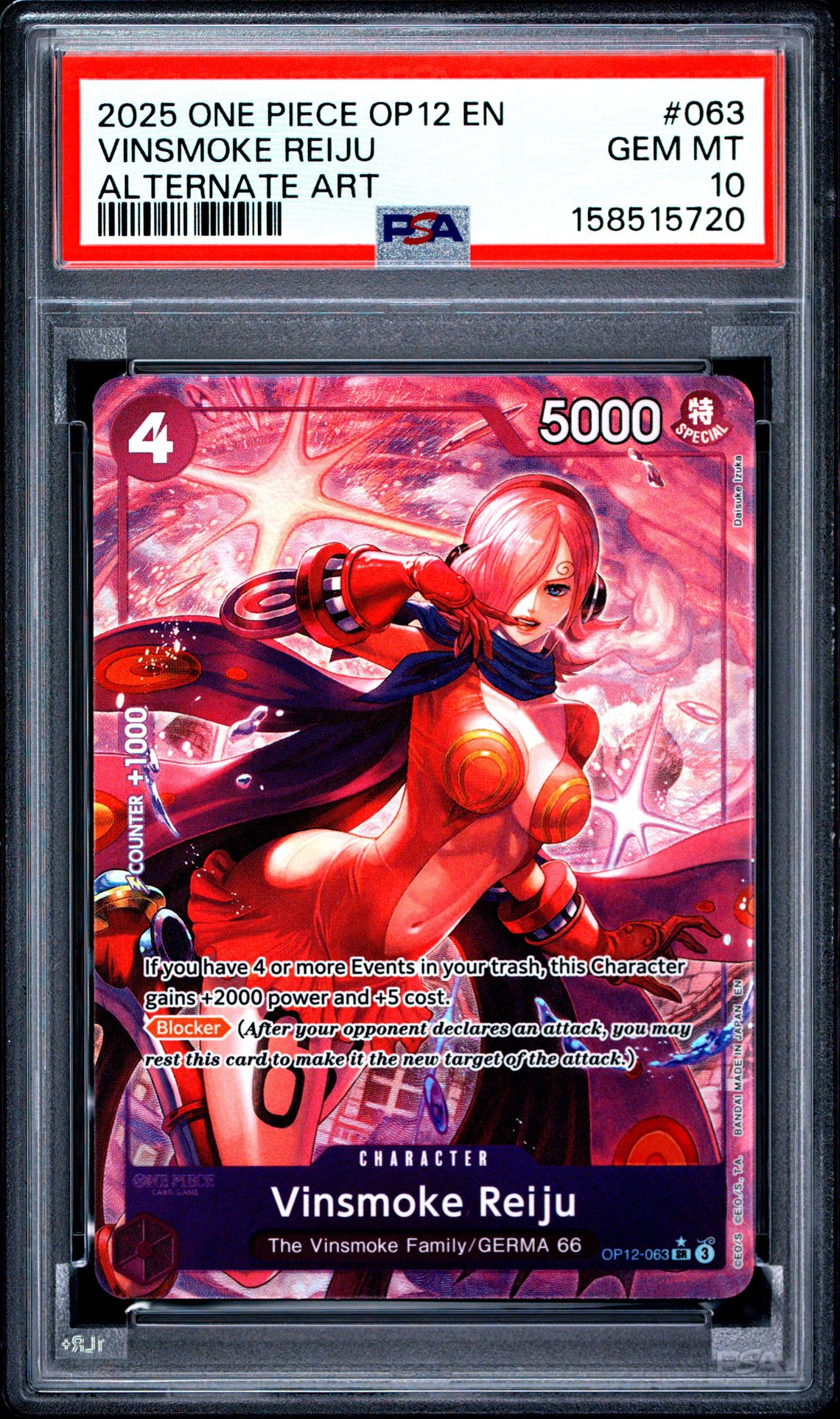 2025 One Piece Op12-Legacy Of The Master Vinsmoke Reiju #063 (Alternate Art) Gem Mt 10 front view - PSA graded GEM MT 10