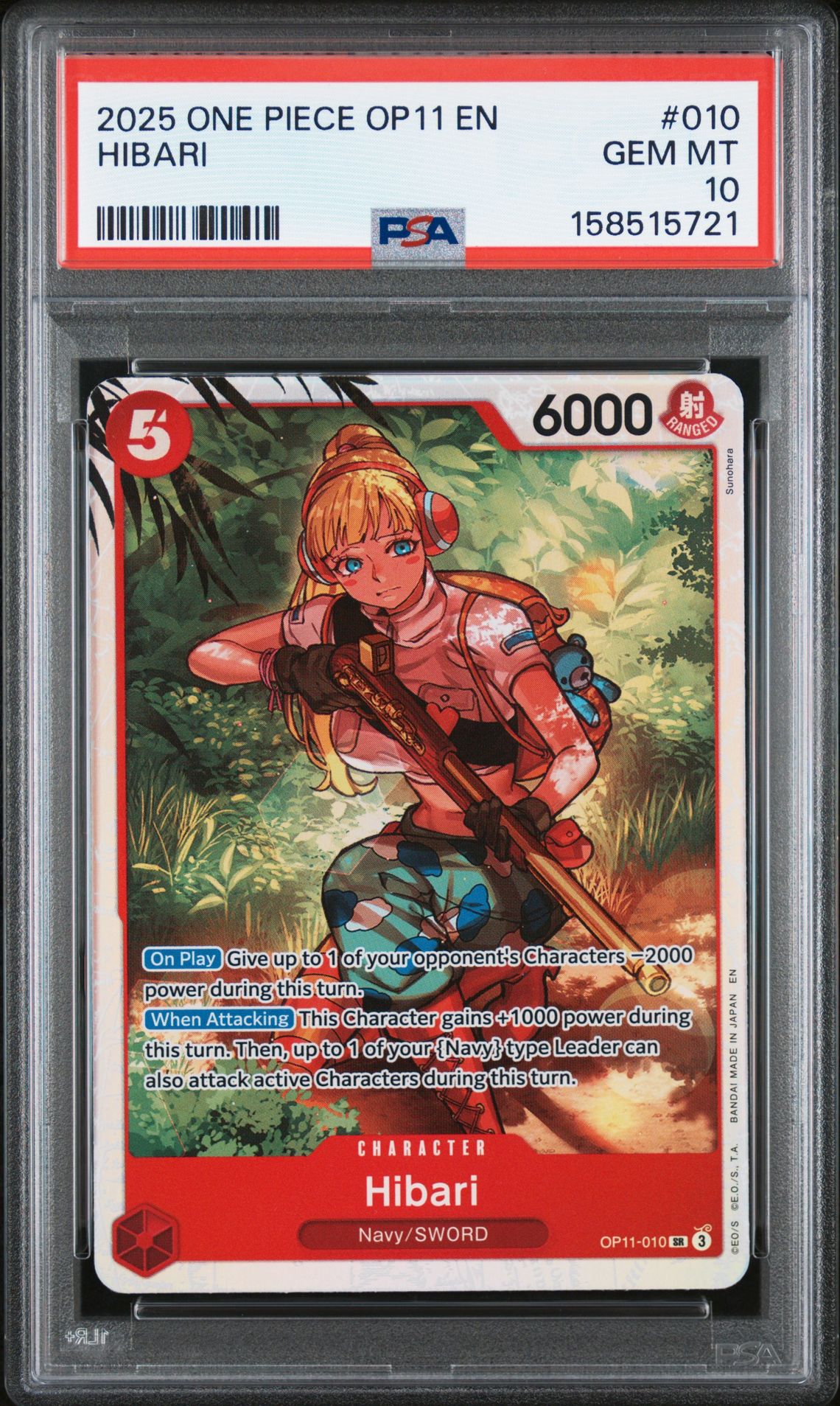 2025 One Piece Op11-A Fist Of Divine Speed Hibari #010 Gem Mt 10 front view - PSA graded GEM MT 10