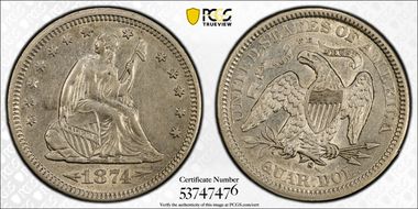 1874-S 25C Arrows AU55