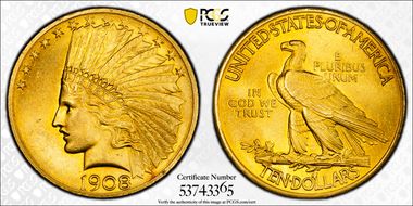 1908 $10 Motto MS63