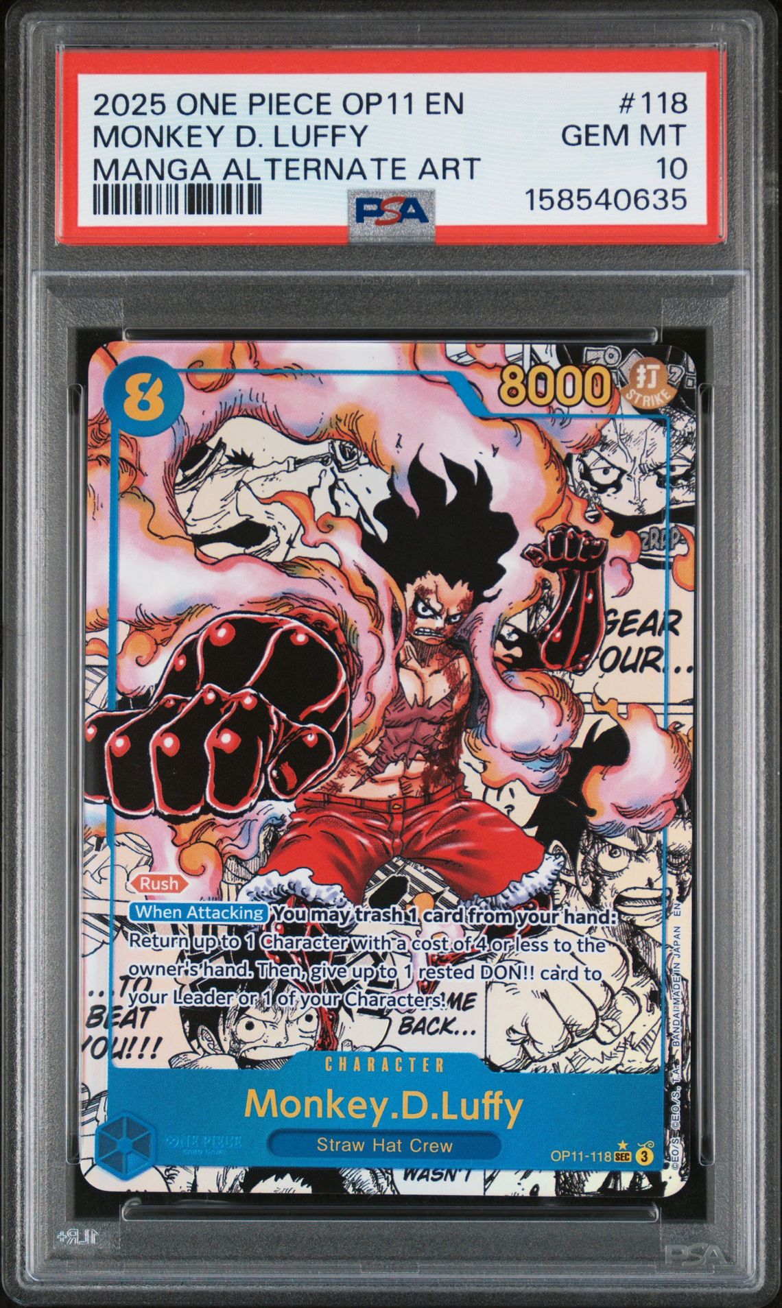 2025 One Piece Op11-A Fist Of Divine Speed Monkey D. Luffy #118 (Manga Alternate Art) Gem Mt 10 front