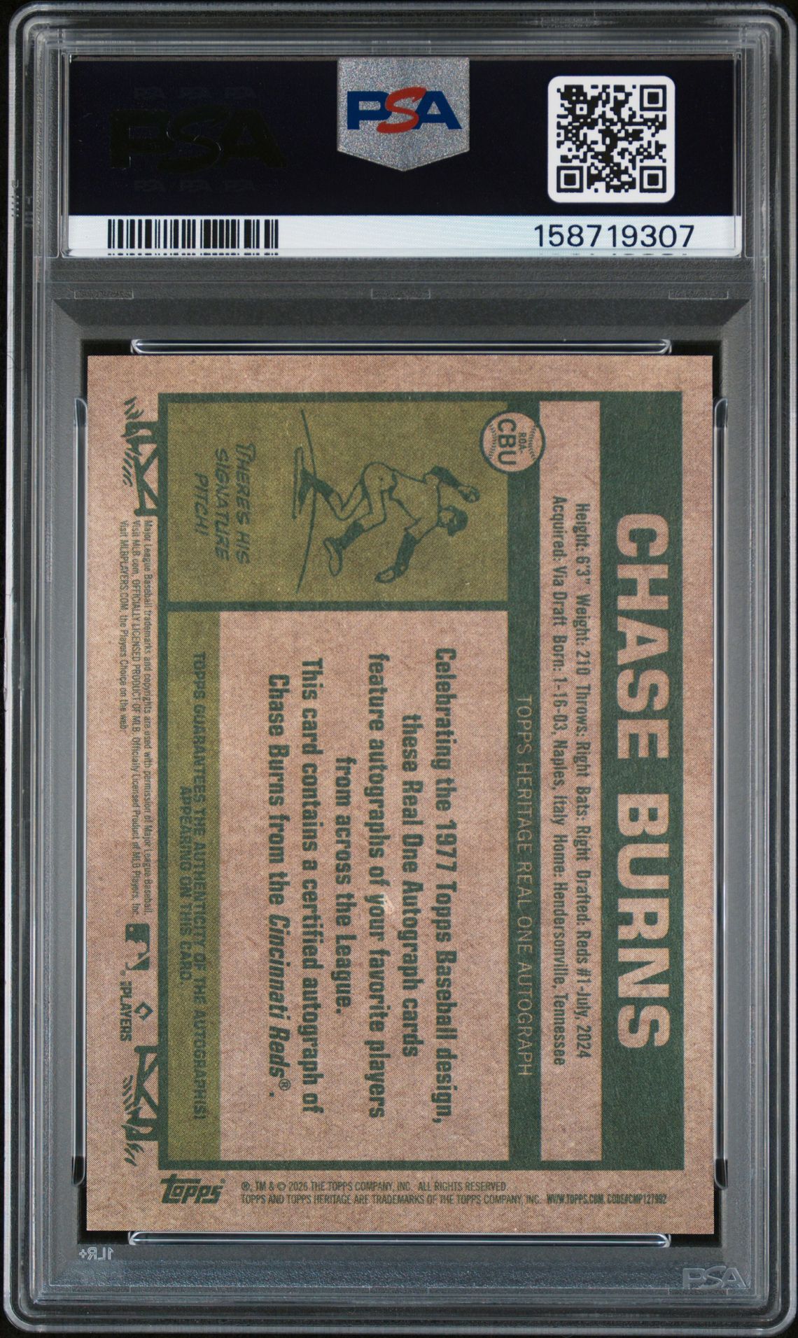 2026 Topps Heritage Real One Autographs Chase Burns #Cbu Gem Mt 10 back