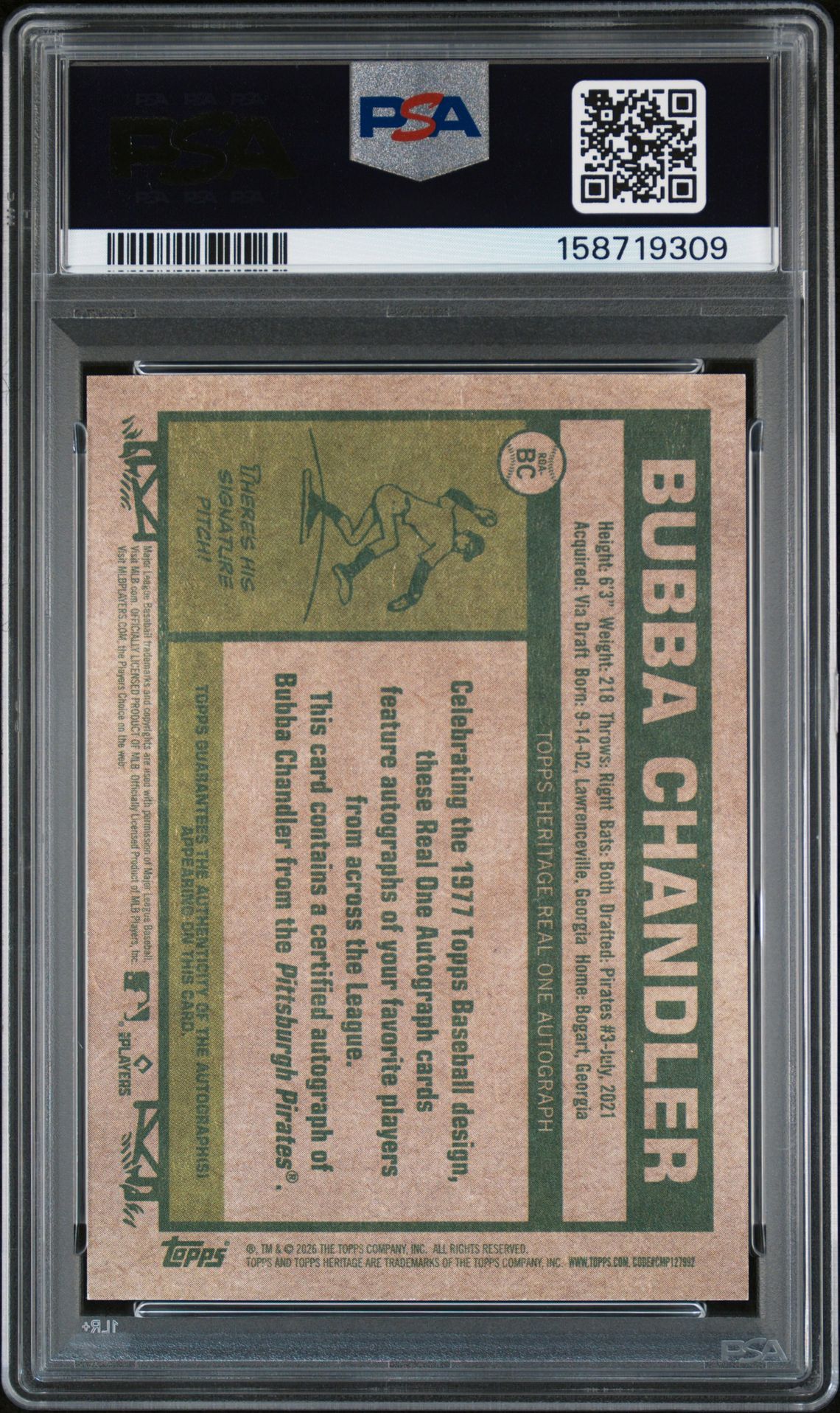 2026 Topps Heritage Real One Autographs Bubba Chandler #Bc Gem Mt 10 back view - PSA certificate #158719309