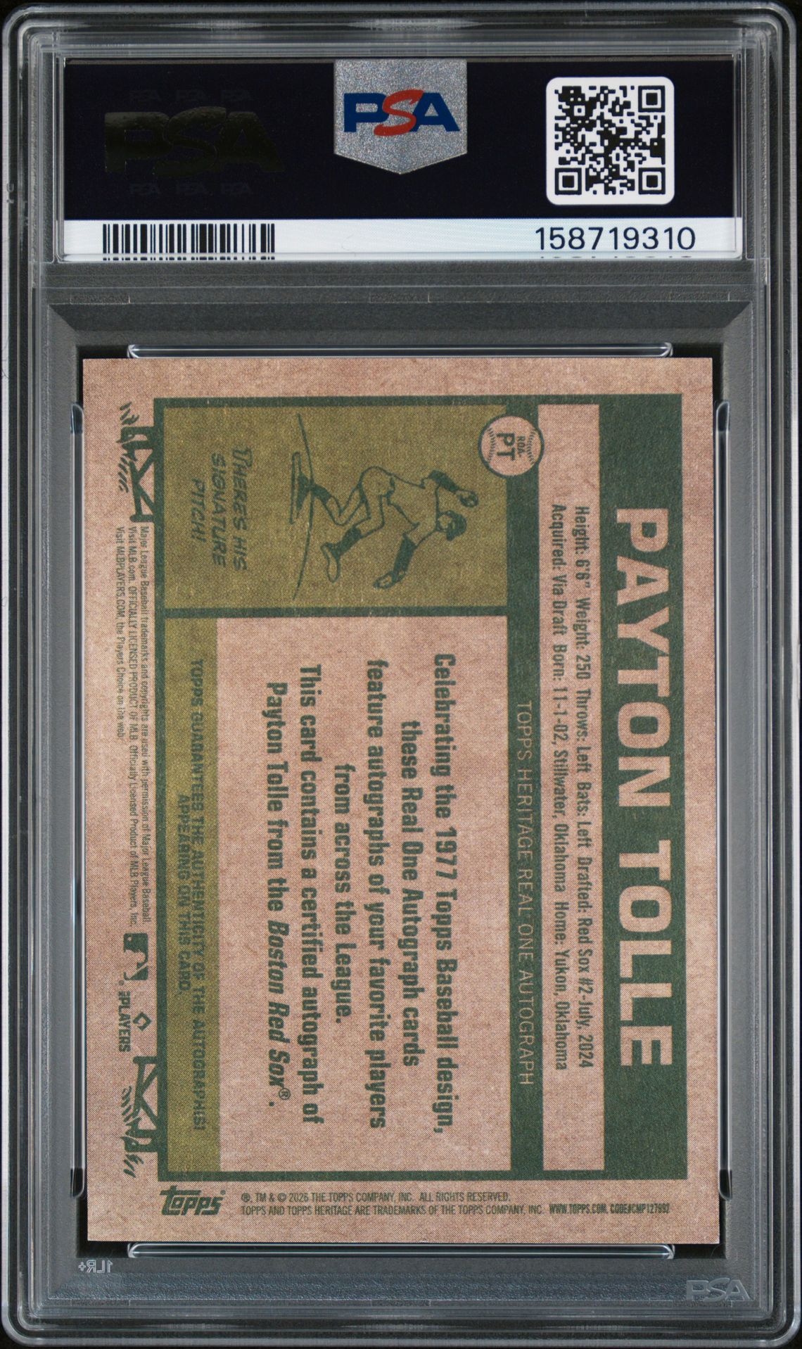 2026 Topps Heritage Real One Autographs Payton Tolle #Pt Gem Mt 10 back view - PSA certificate #158719310